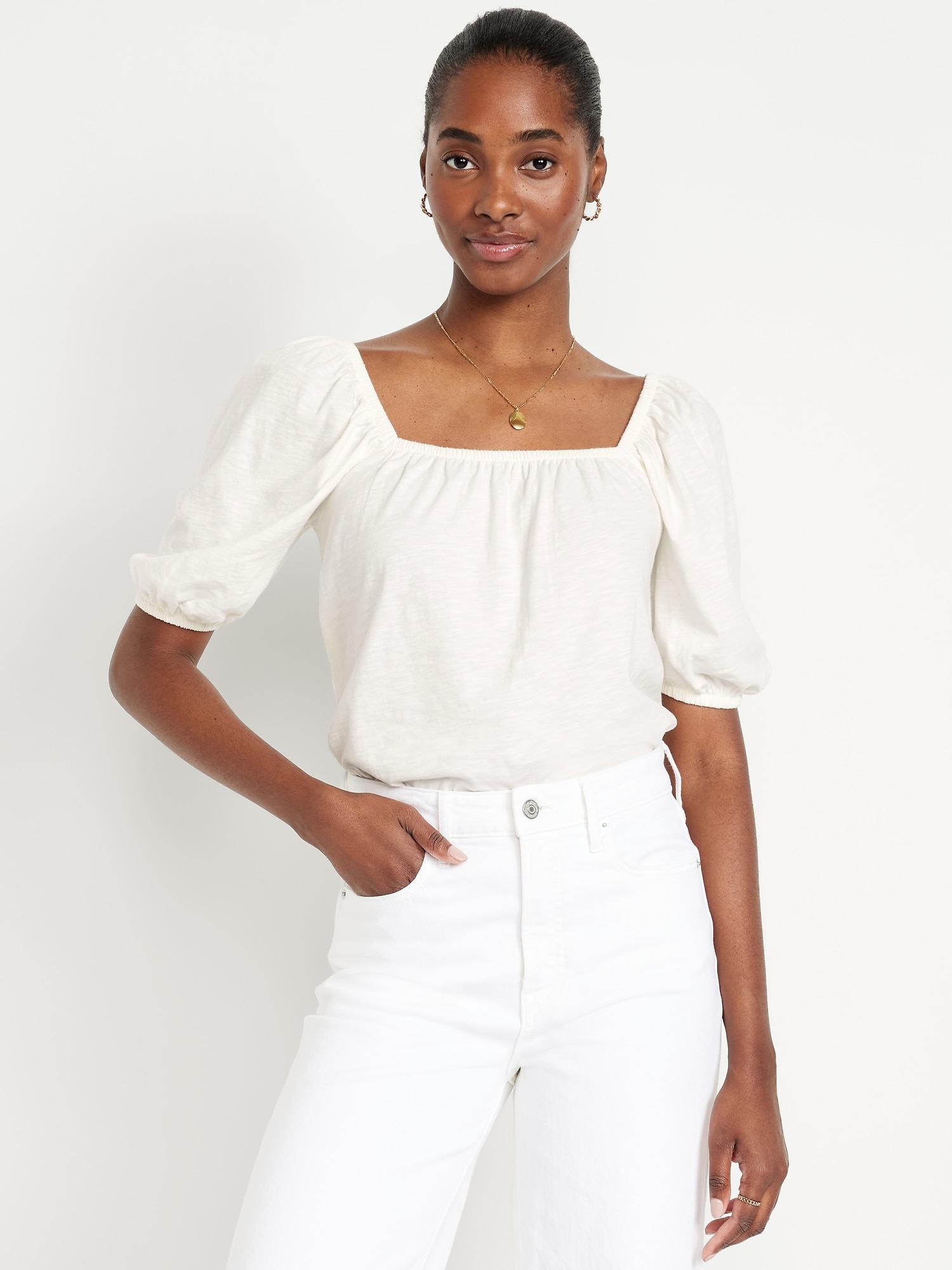 puff-sleeve slub-knit top