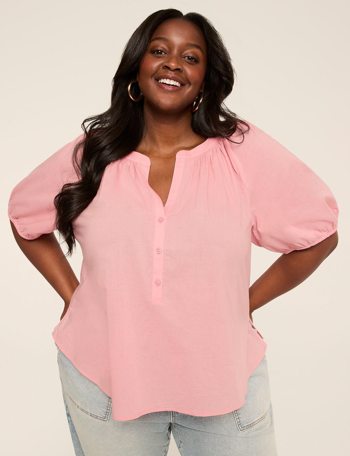 puff-sleeve split-neck top