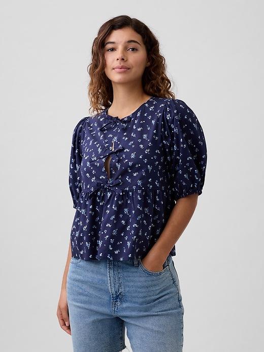 puff sleeve tie-front top