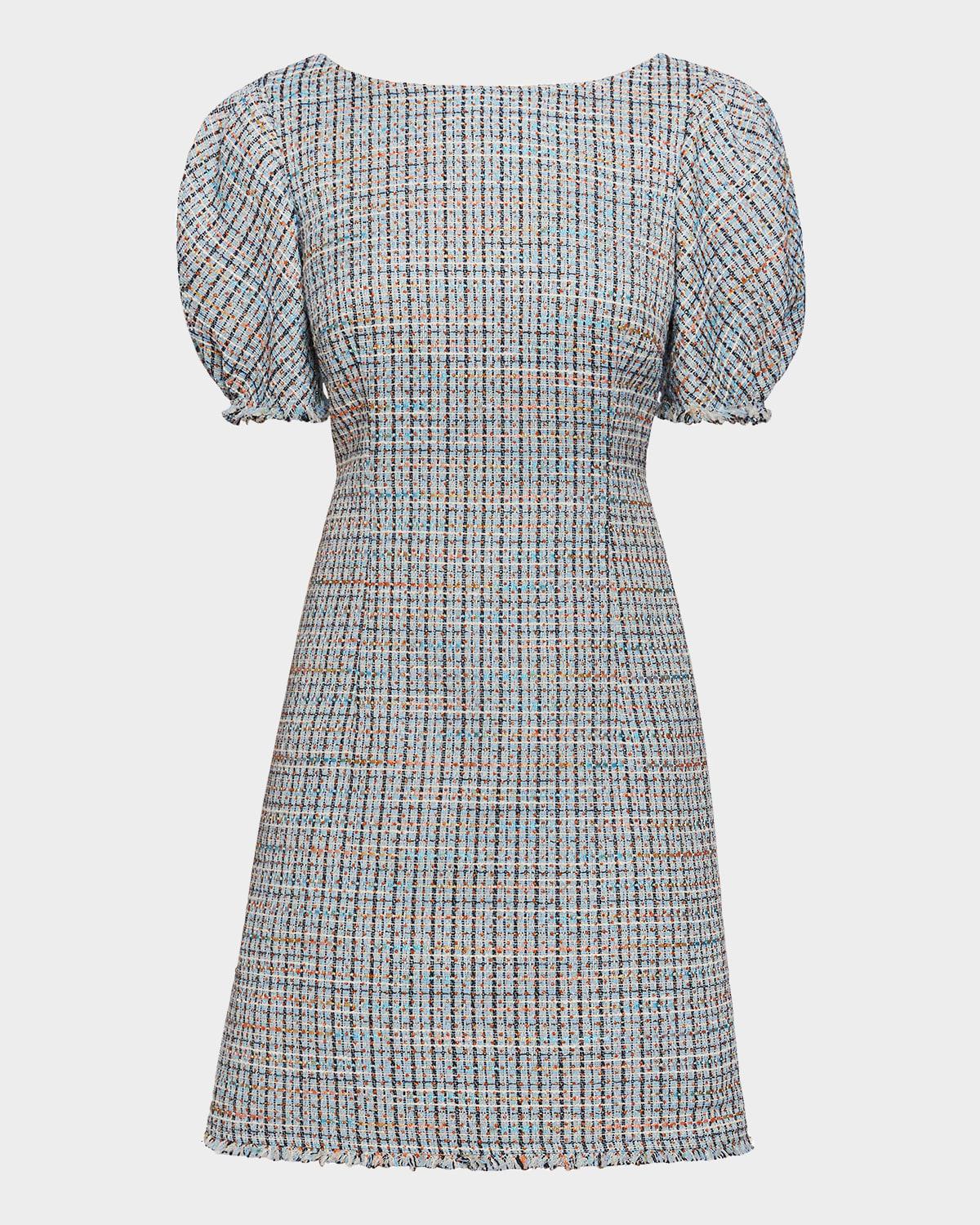 puff-sleeve tweed dress