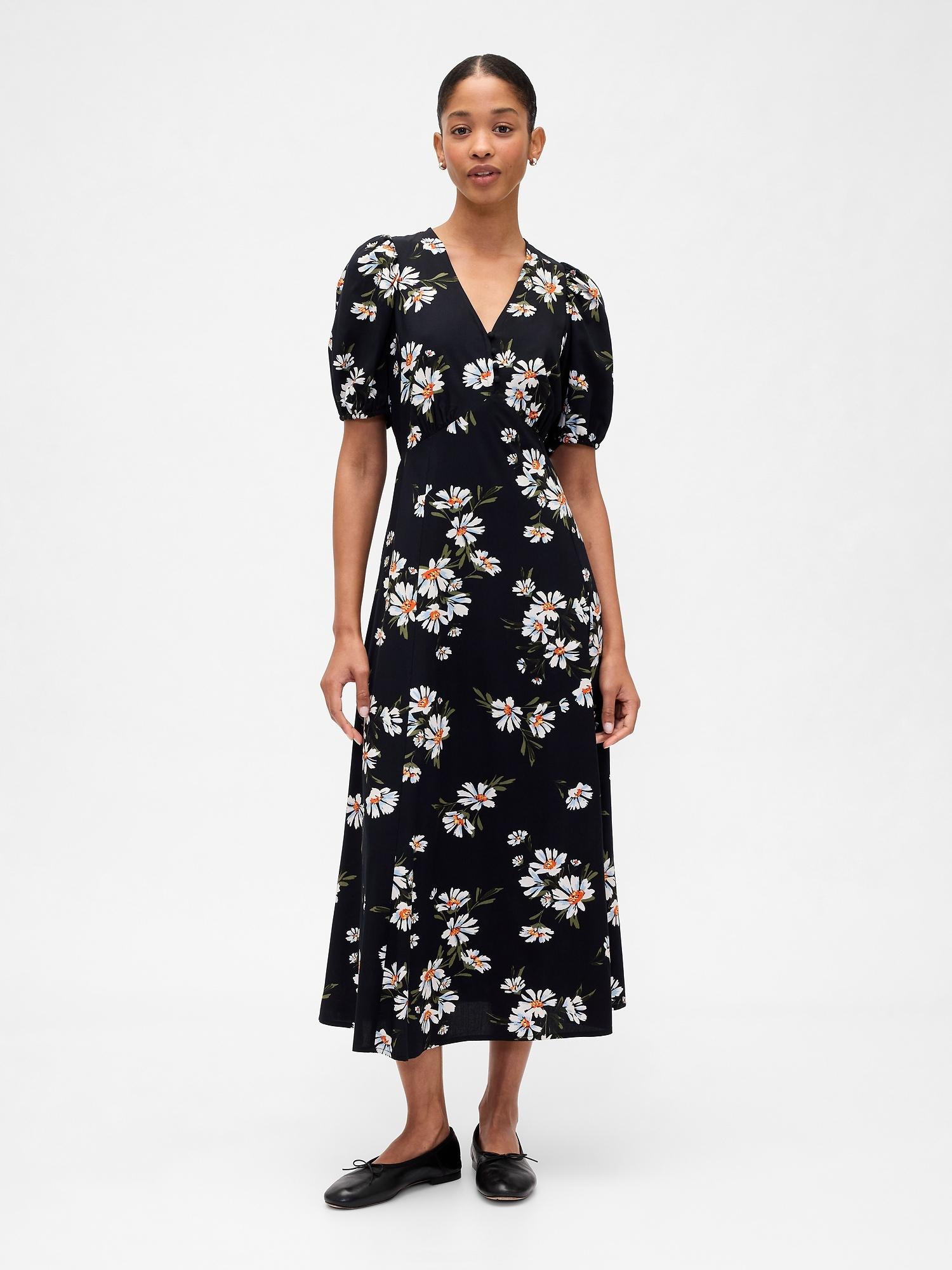 puff sleeve v-neck maxi dress
