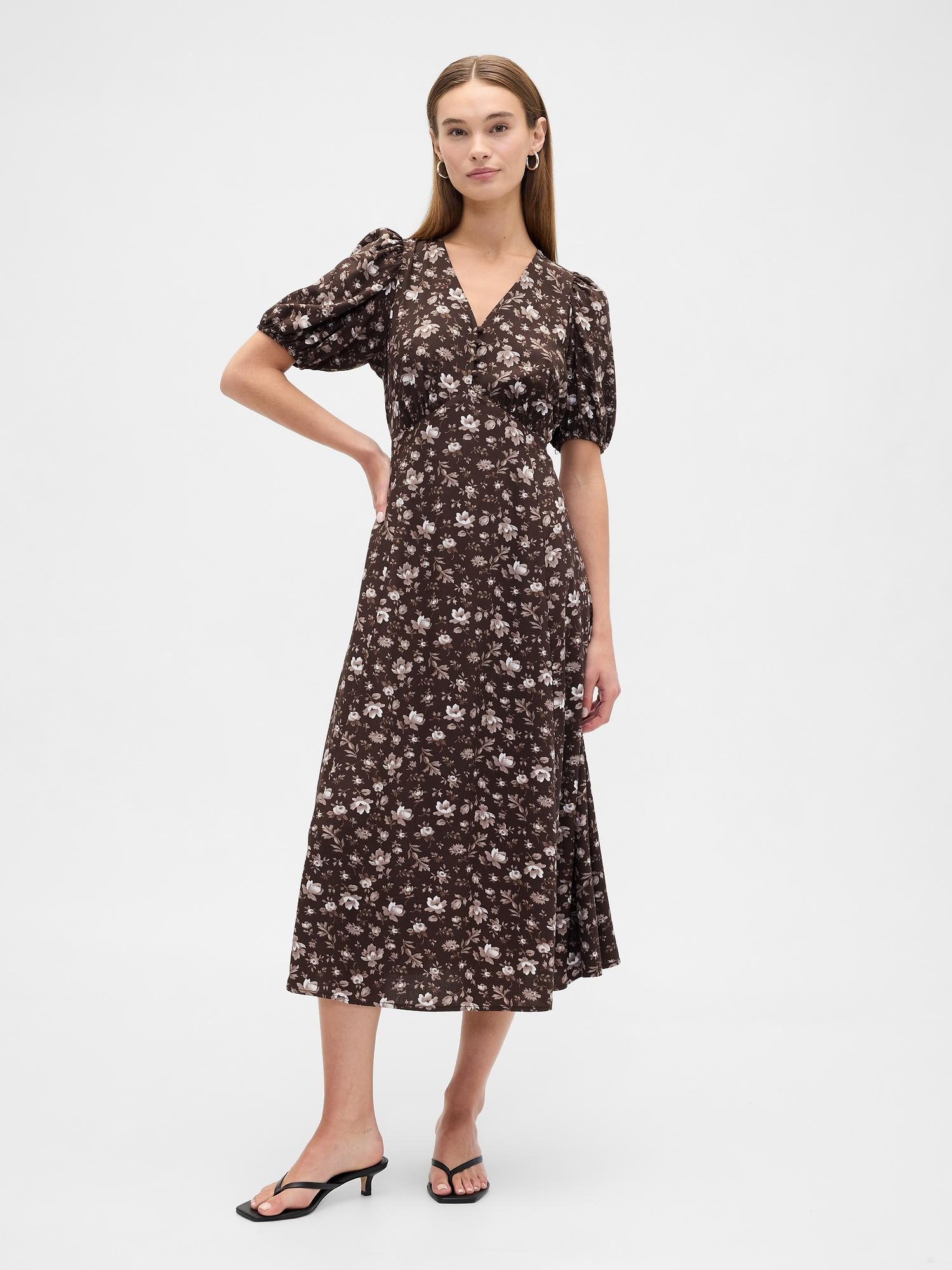 puff sleeve v-neck maxi dress