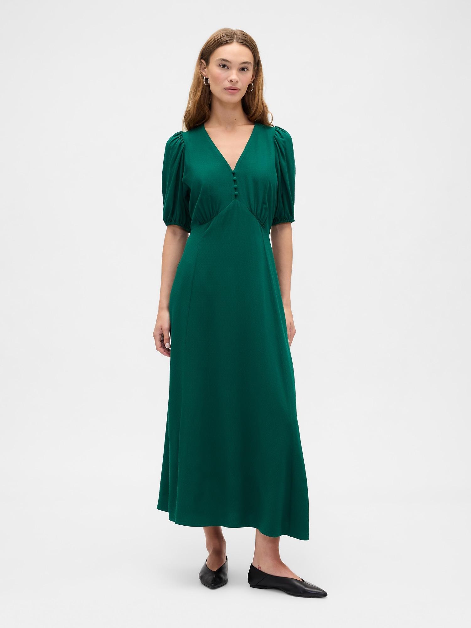puff sleeve v-neck maxi dress