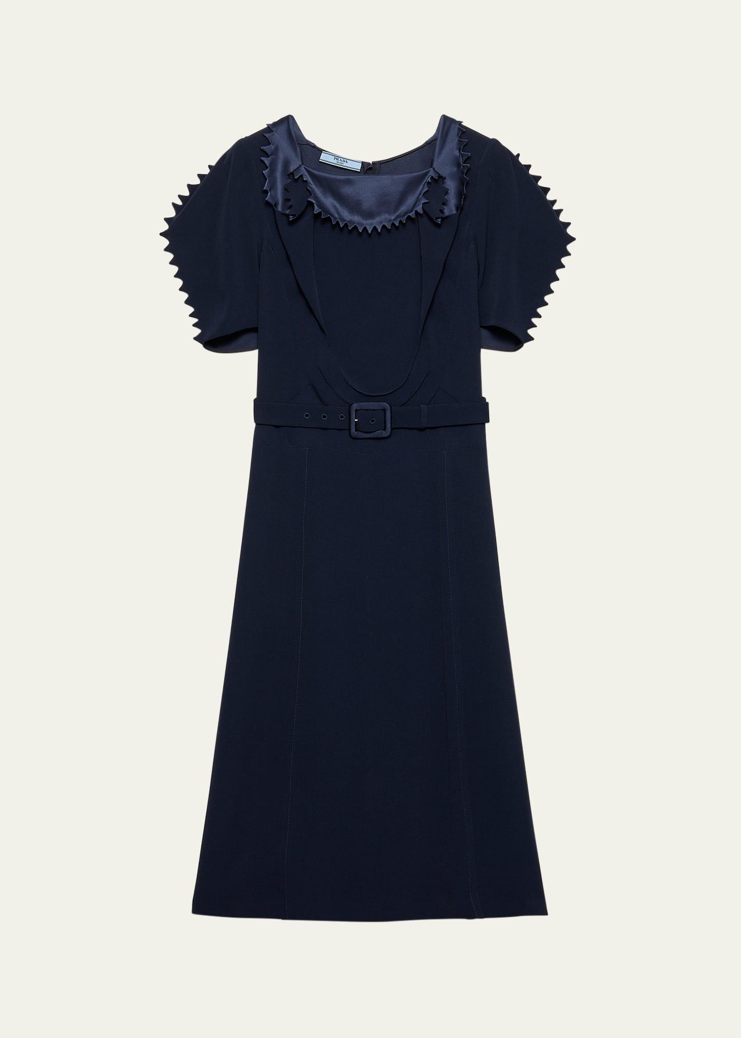 puffy-sleeve belted crepe de chine midi dress
