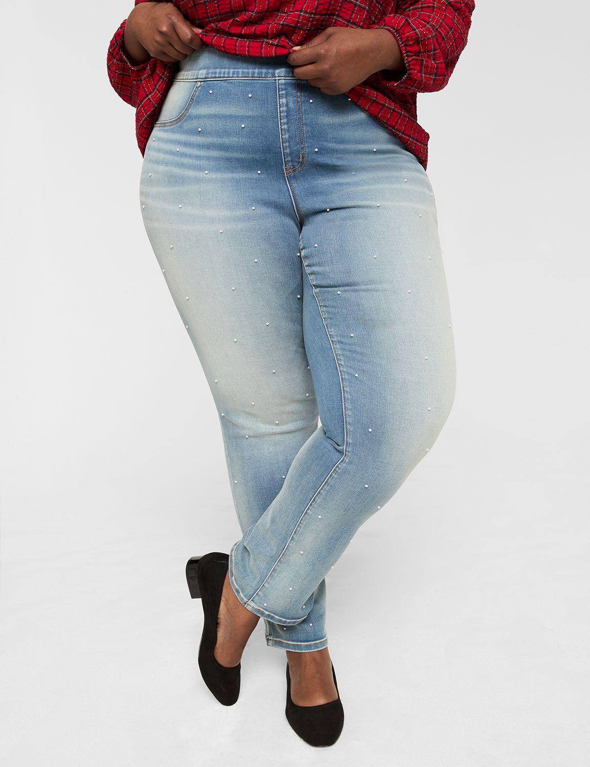 pull-on fit high-rise pearlized embellished straight jean