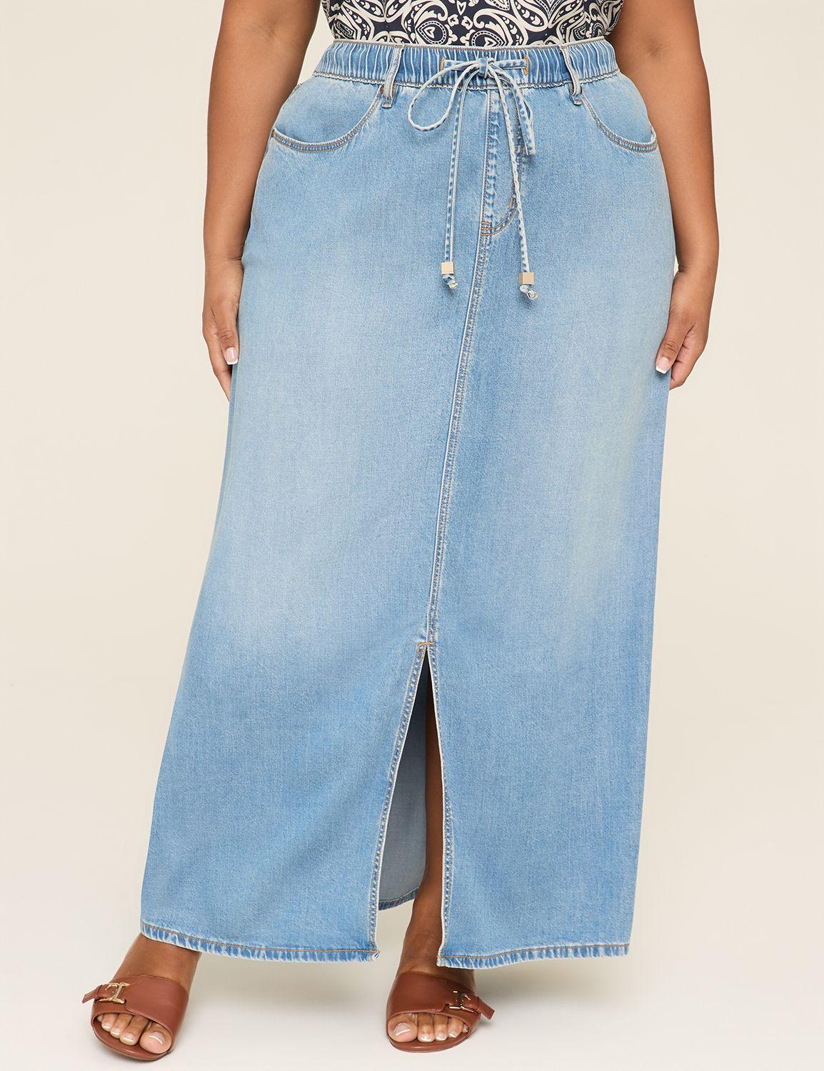 pull-on fit lightweight denim maxi skirt
