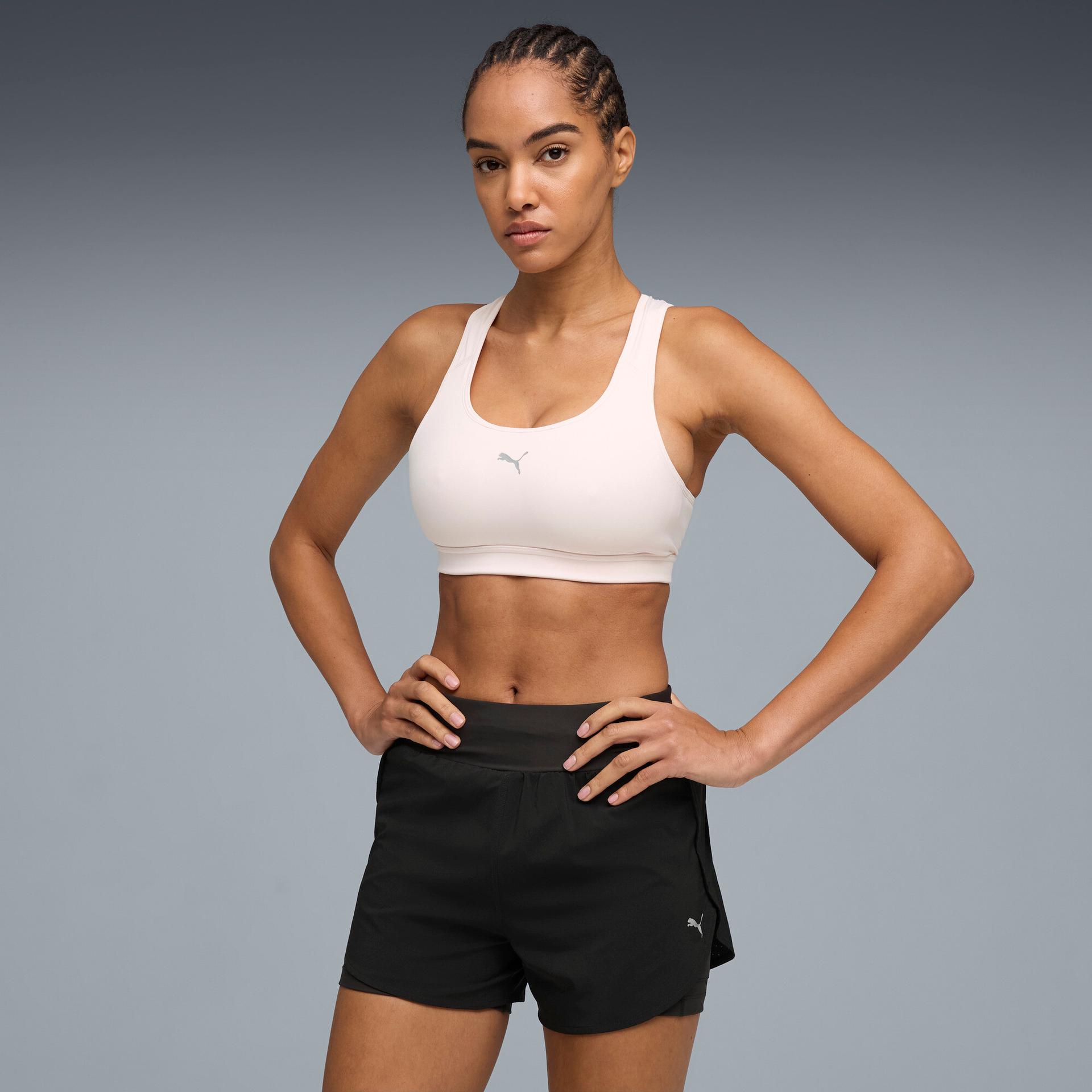 puma 4keeps run women's moisture wicking, mid impact sports bra in pink, size l