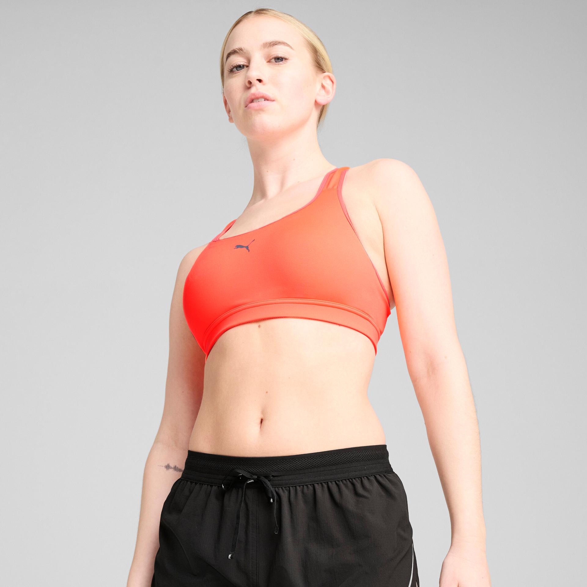 puma 4keeps run women's moisture wicking, mid impact sports bra in red, size l