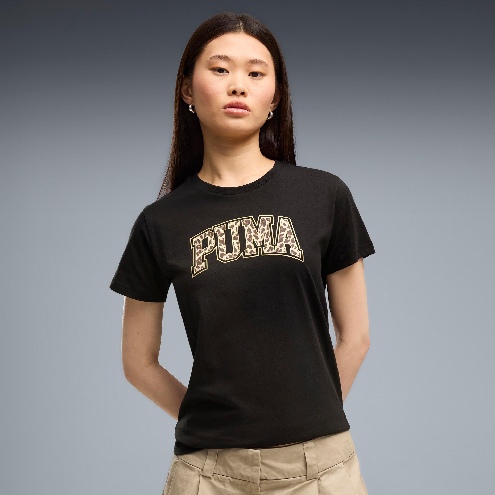 puma animal print women's graphic t-shirt in black, size xl