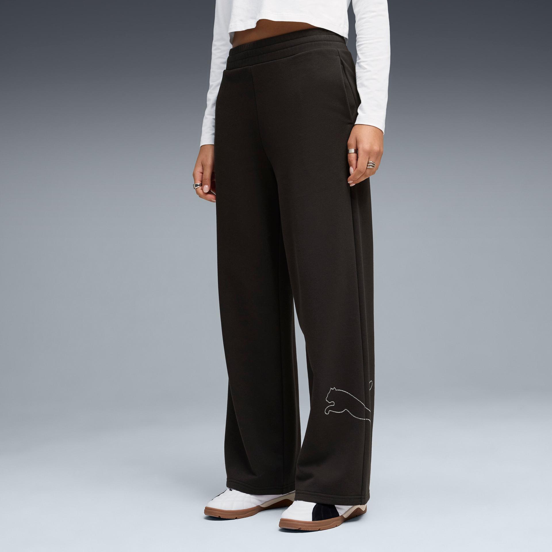puma bedazzled women's high waist, wide leg pants in black, size m