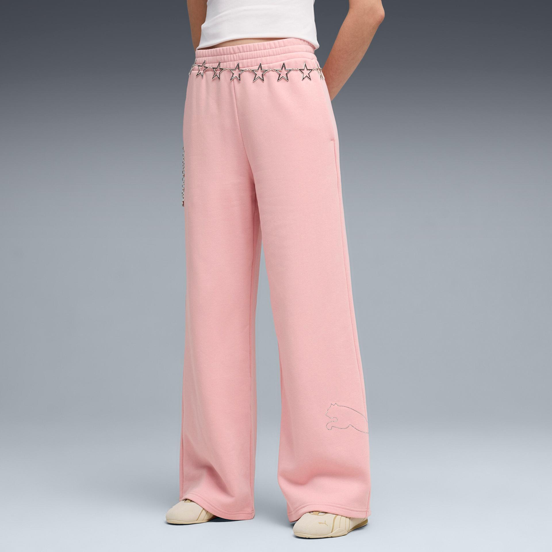 puma bedazzled women's high waist, wide leg pants in pink, size m