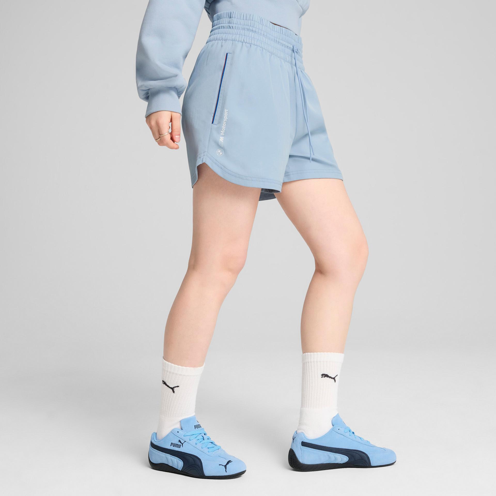 puma bmw m motorsport essentials+ women's woven shorts in blue, size s