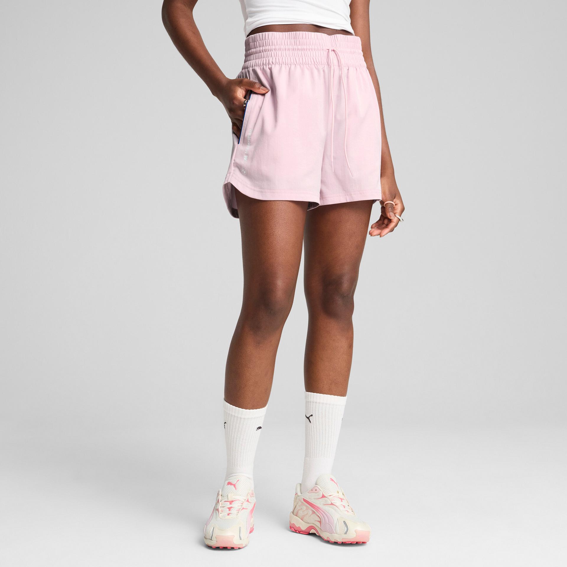puma bmw m motorsport essentials+ women's woven shorts in pink, size xl