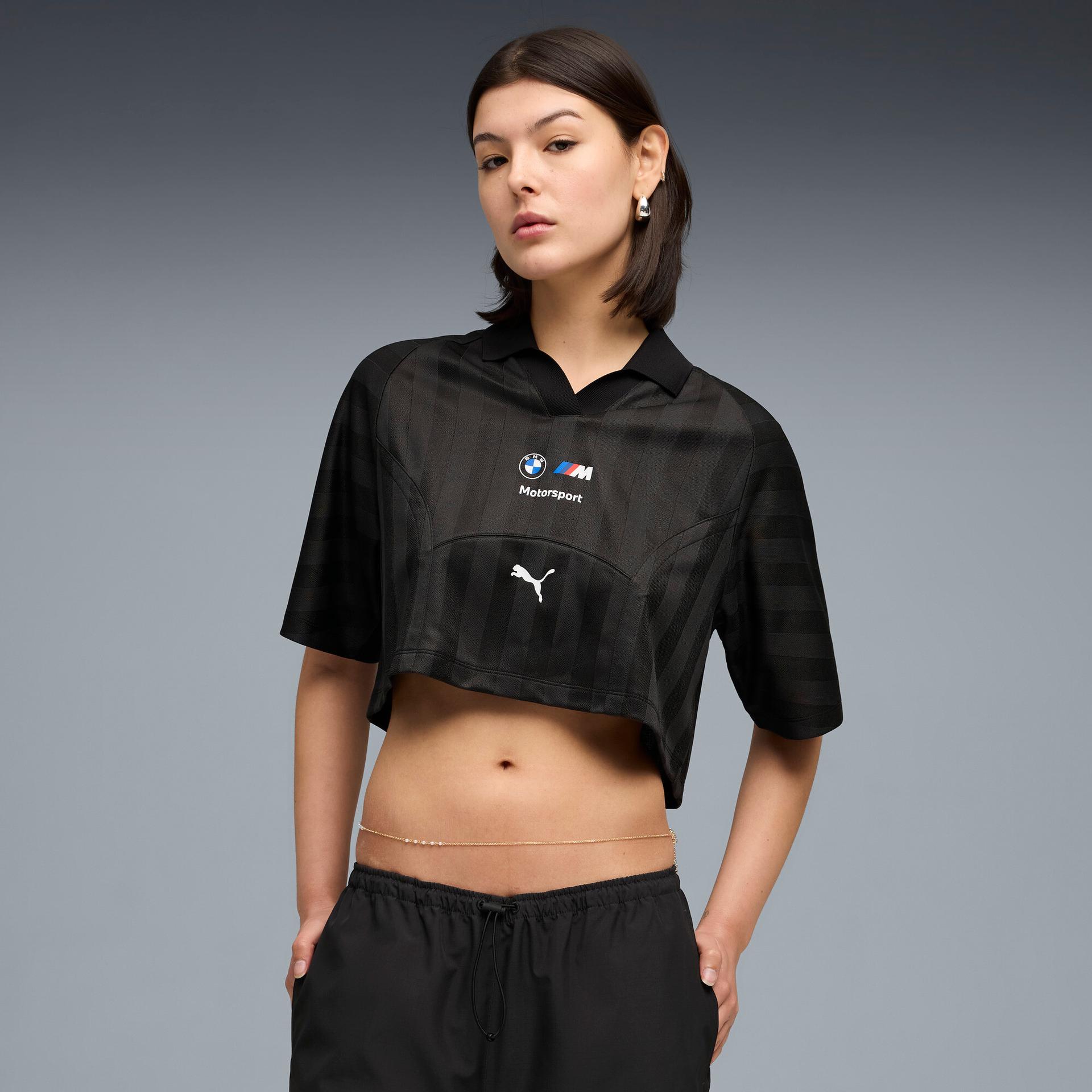 puma bmw m motorsport women's cropped polo shirt in black, size s