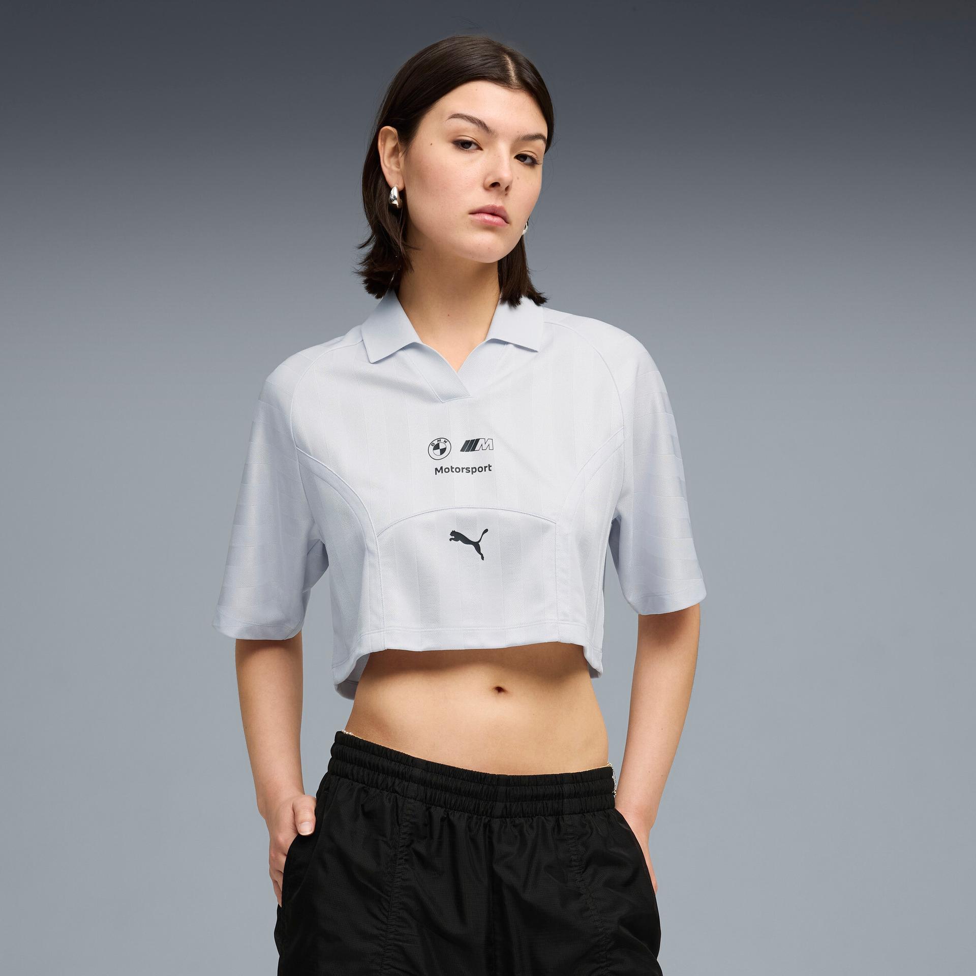 puma bmw m motorsport women's cropped polo shirt in grey, size xs