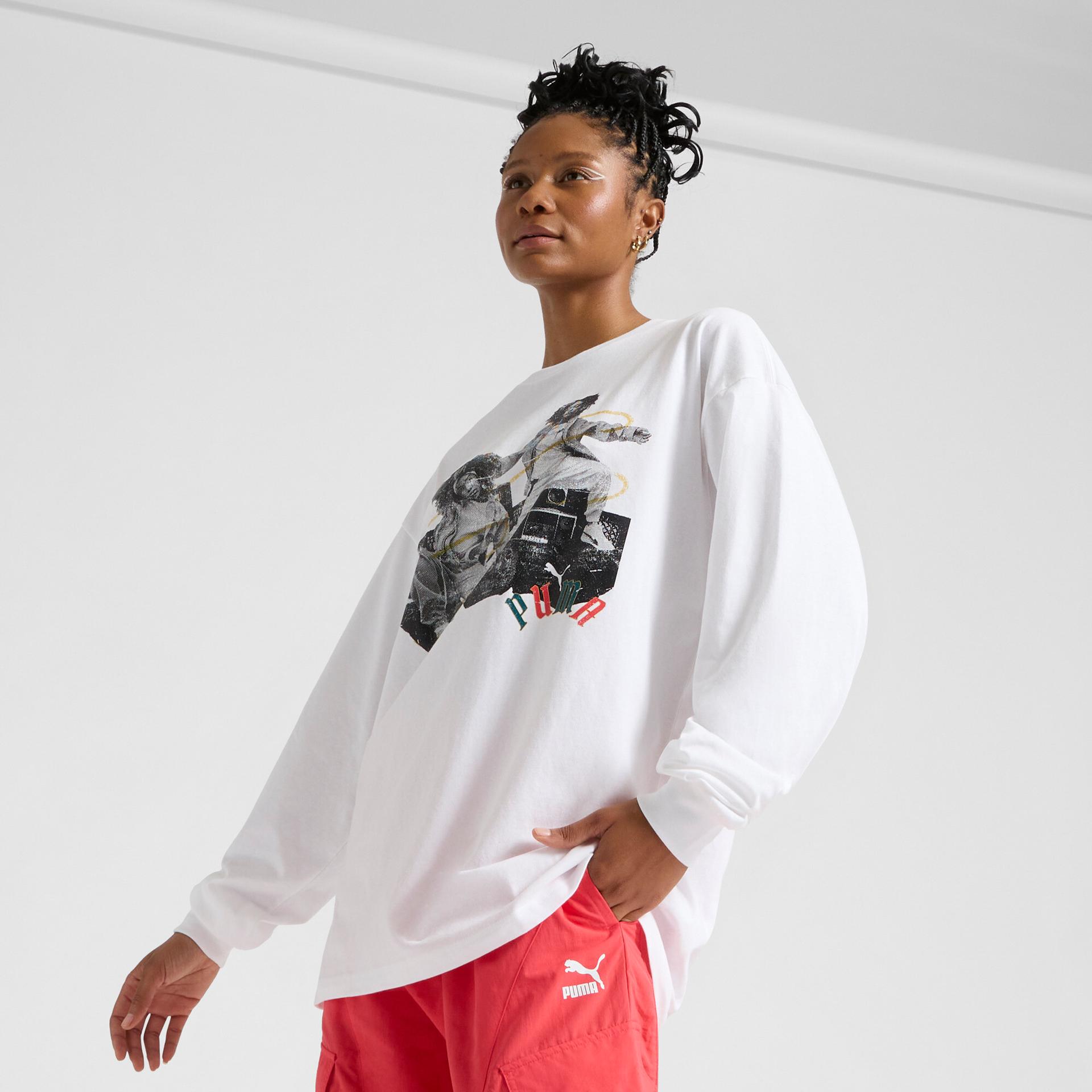 puma classics play loud women's long sleeve t-shirt in white, size l