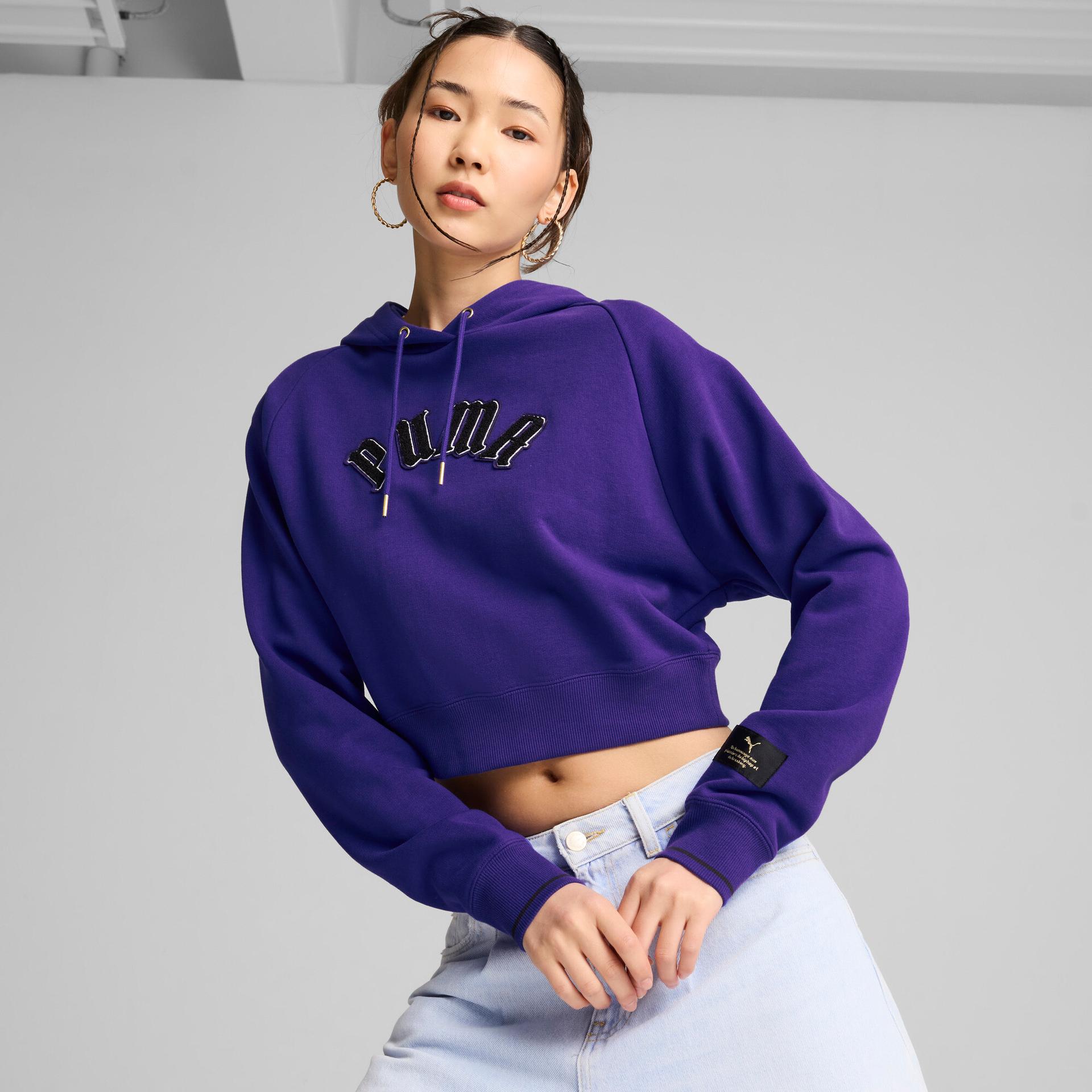puma classics play loud women's relaxed hoodie in blue, size s