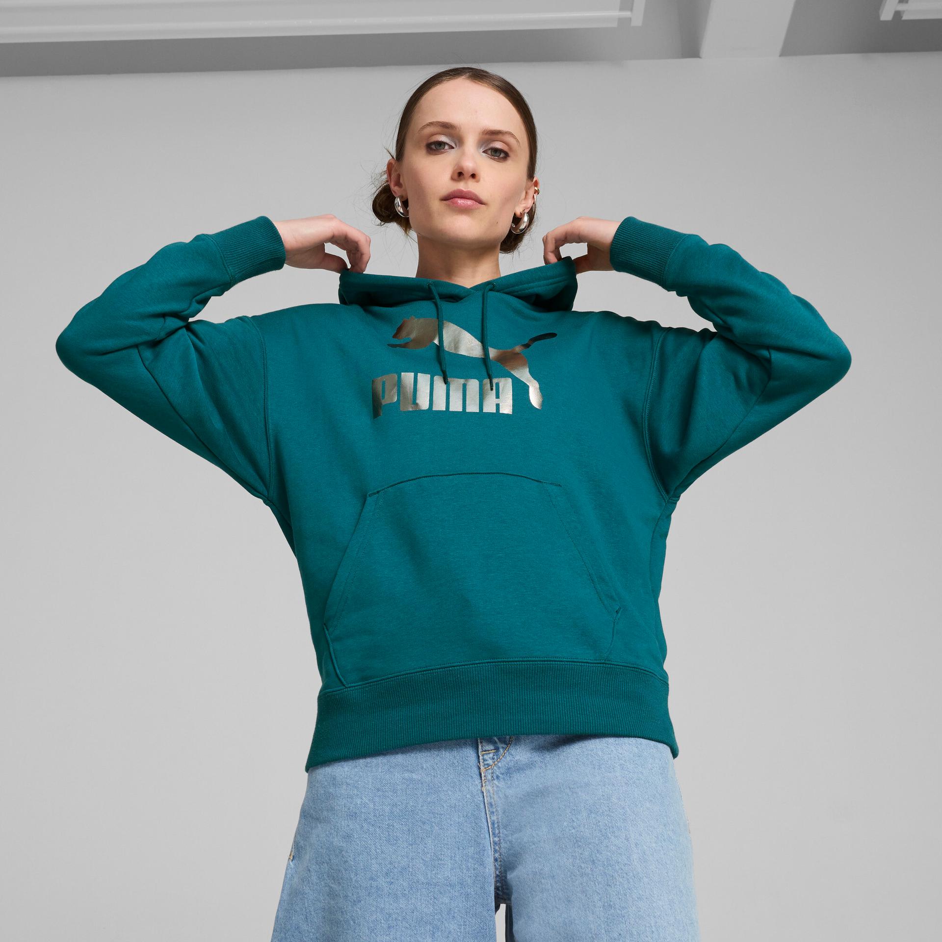puma classics shiny logo women's hoodie in green, size m