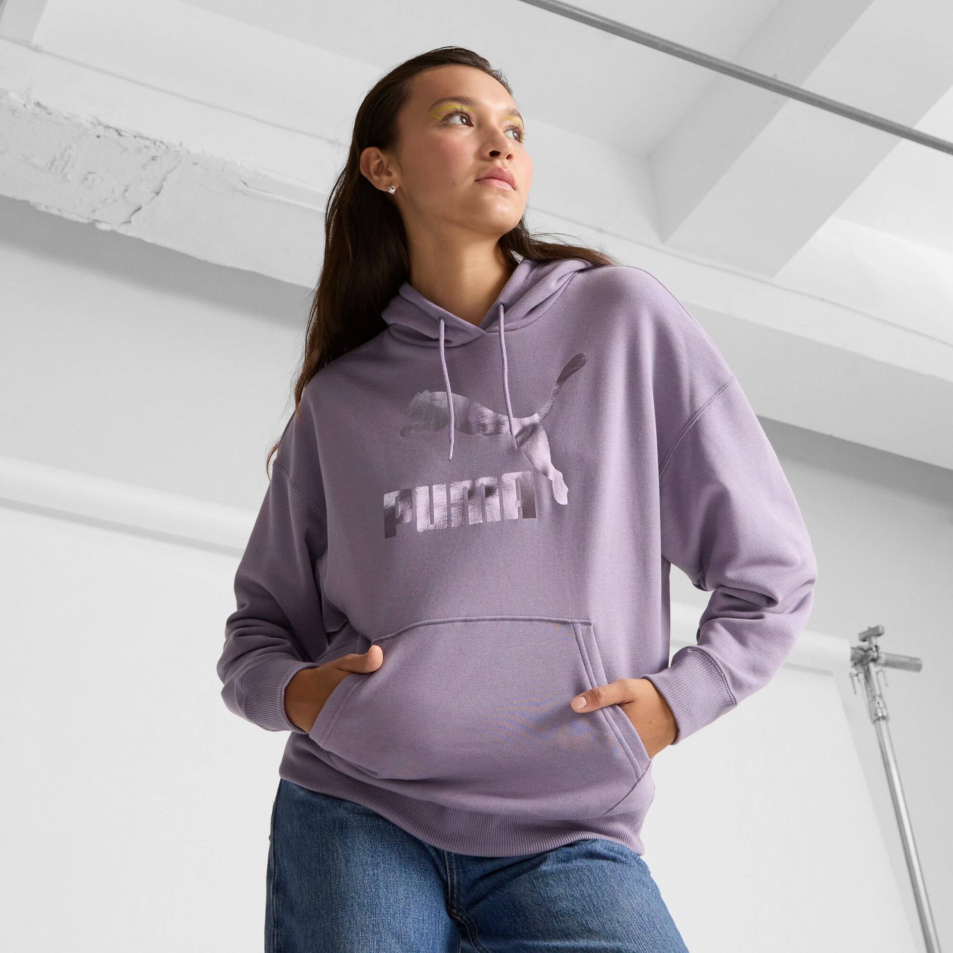 puma classics shiny logo women's hoodie in purple, size xl