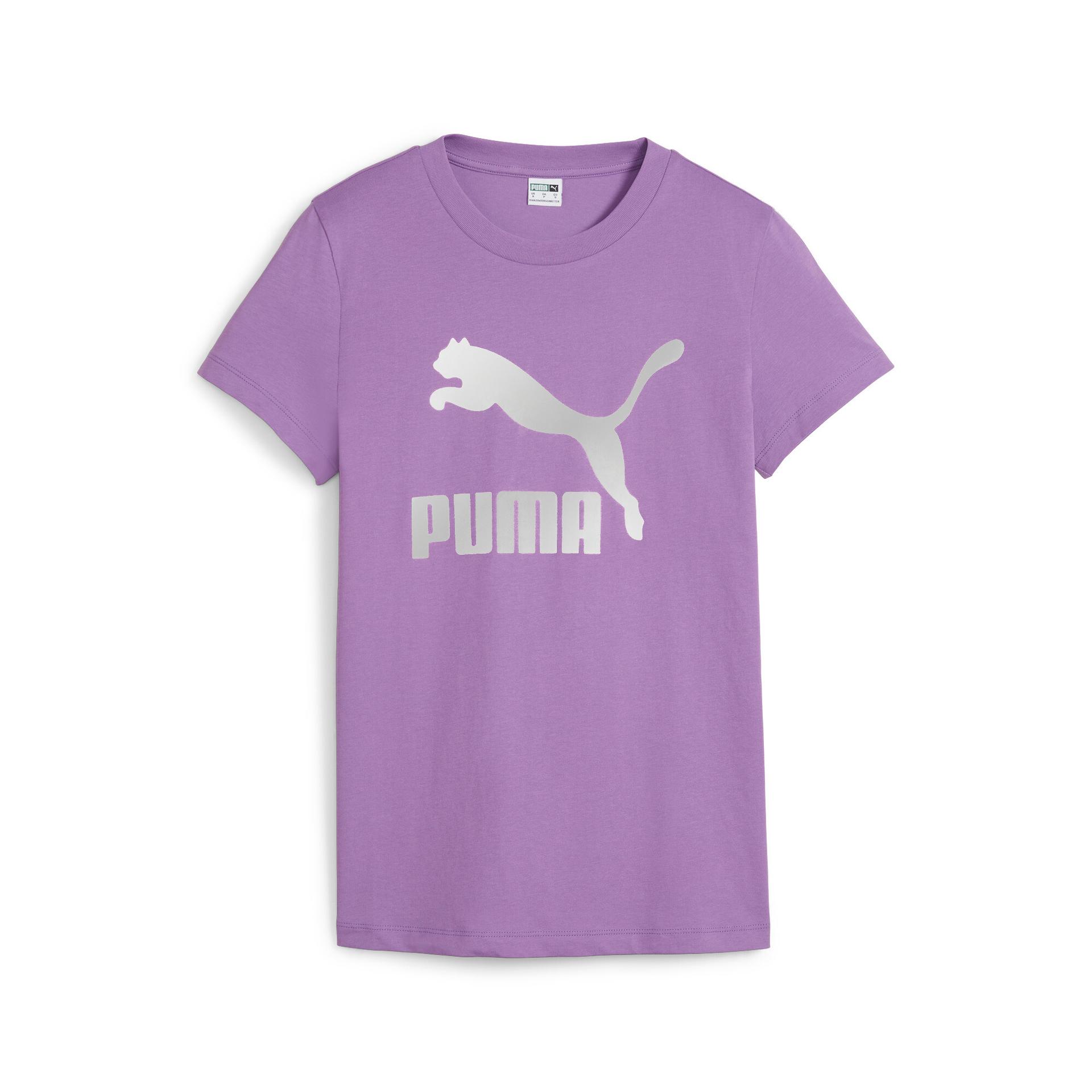puma classics shiny logo women's t-shirt in purple, size xs