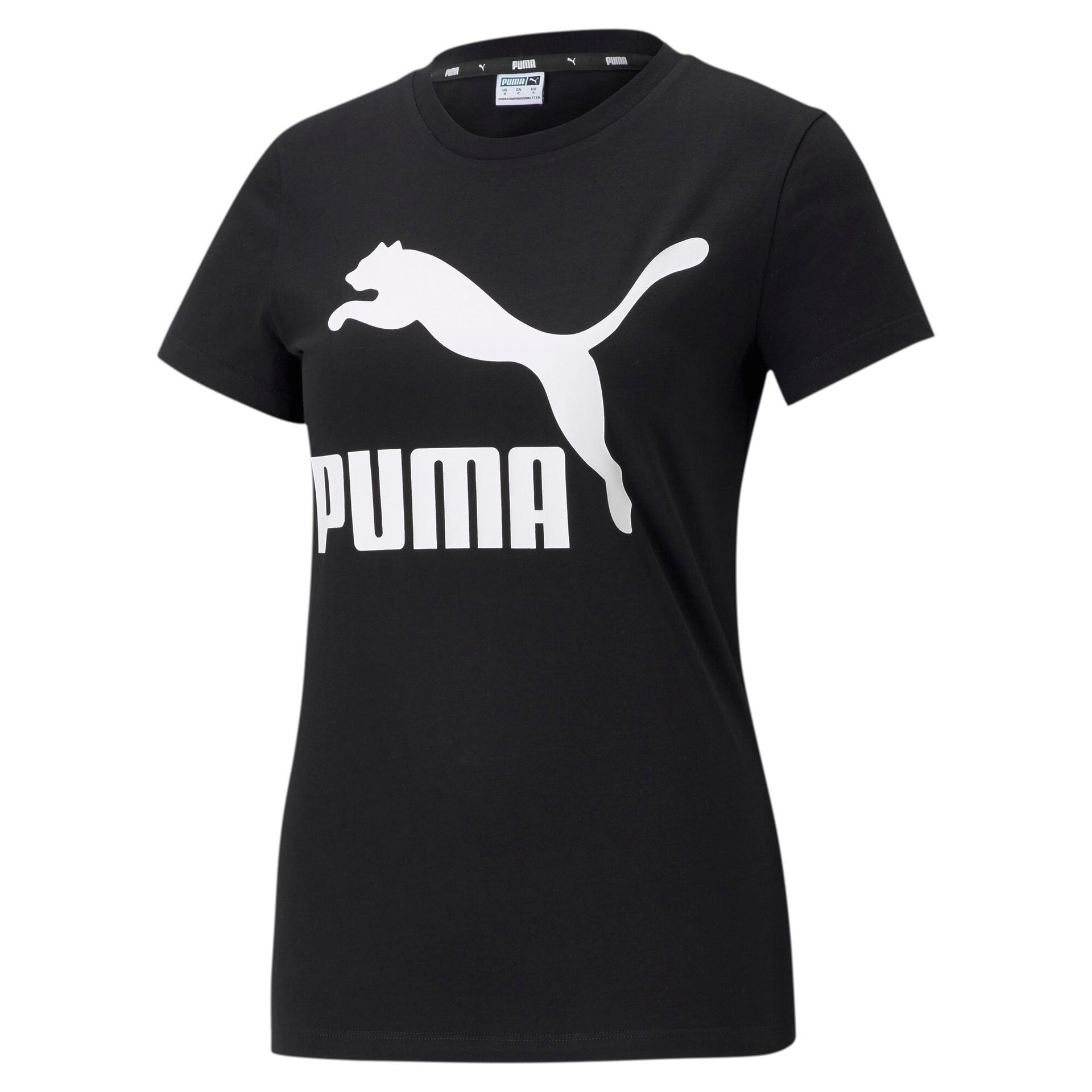 puma classics women's logo t-shirt in black, size s