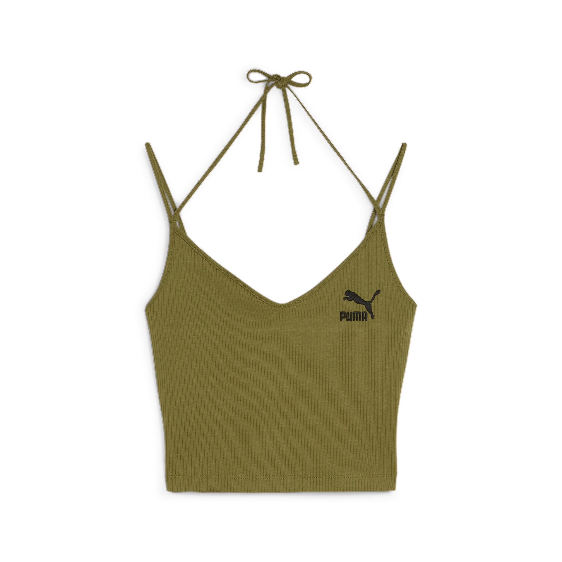 puma classics women's ribbed crop top in green, size xs