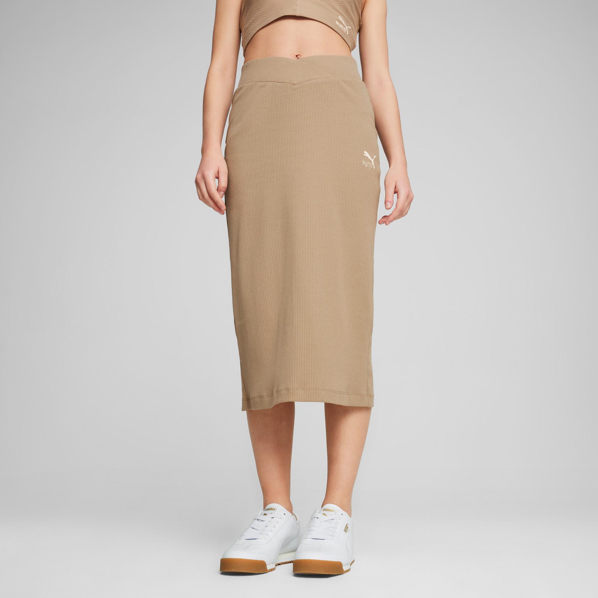 puma classics women's ribbed midi skirt in beige, size l