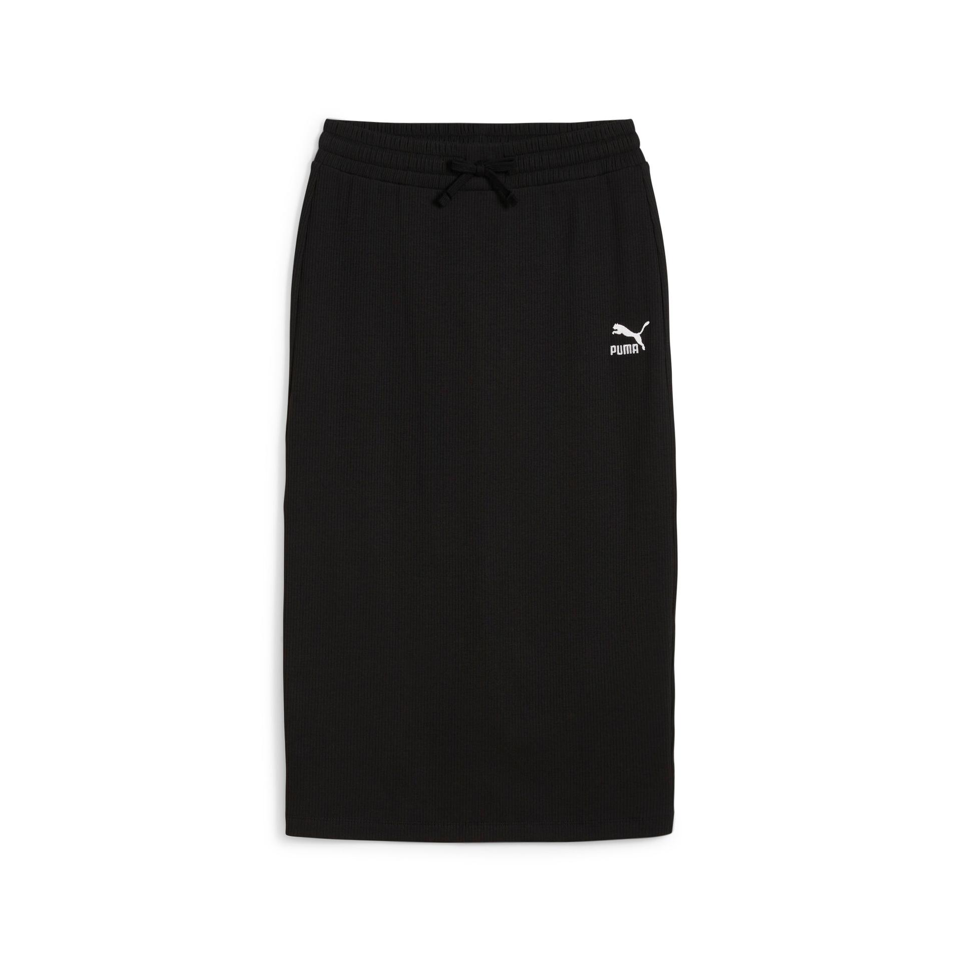 puma classics women's ribbed midi skirt in black, size xxs