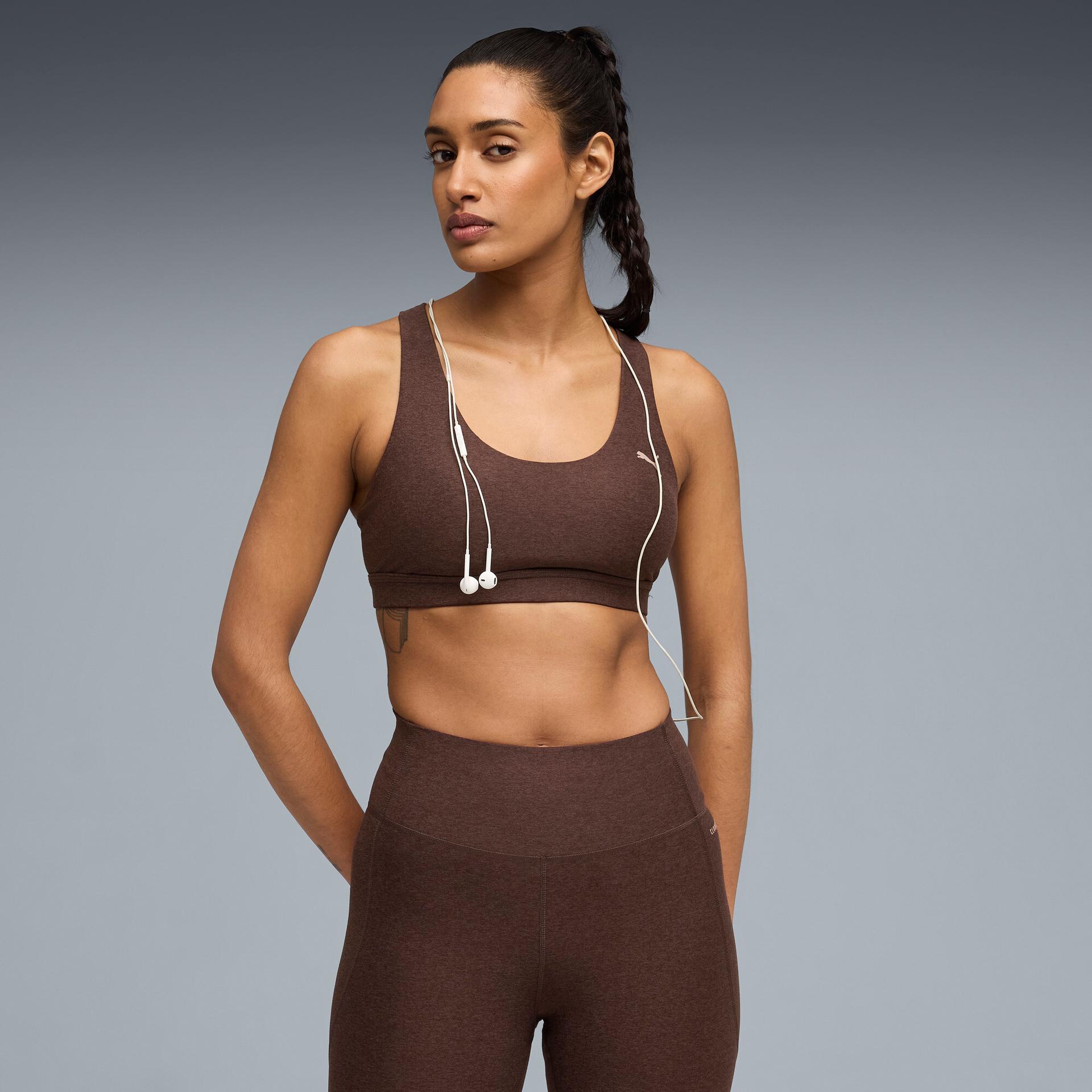 puma cloudspun ultra soft women's mid impact sports bra in brown, size xs