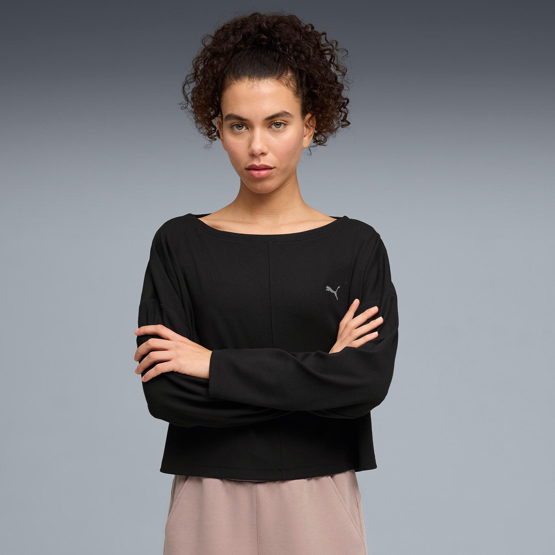 puma cloudspun ultra soft women's ribbed cloud long sleeve t-shirt in black, size xs