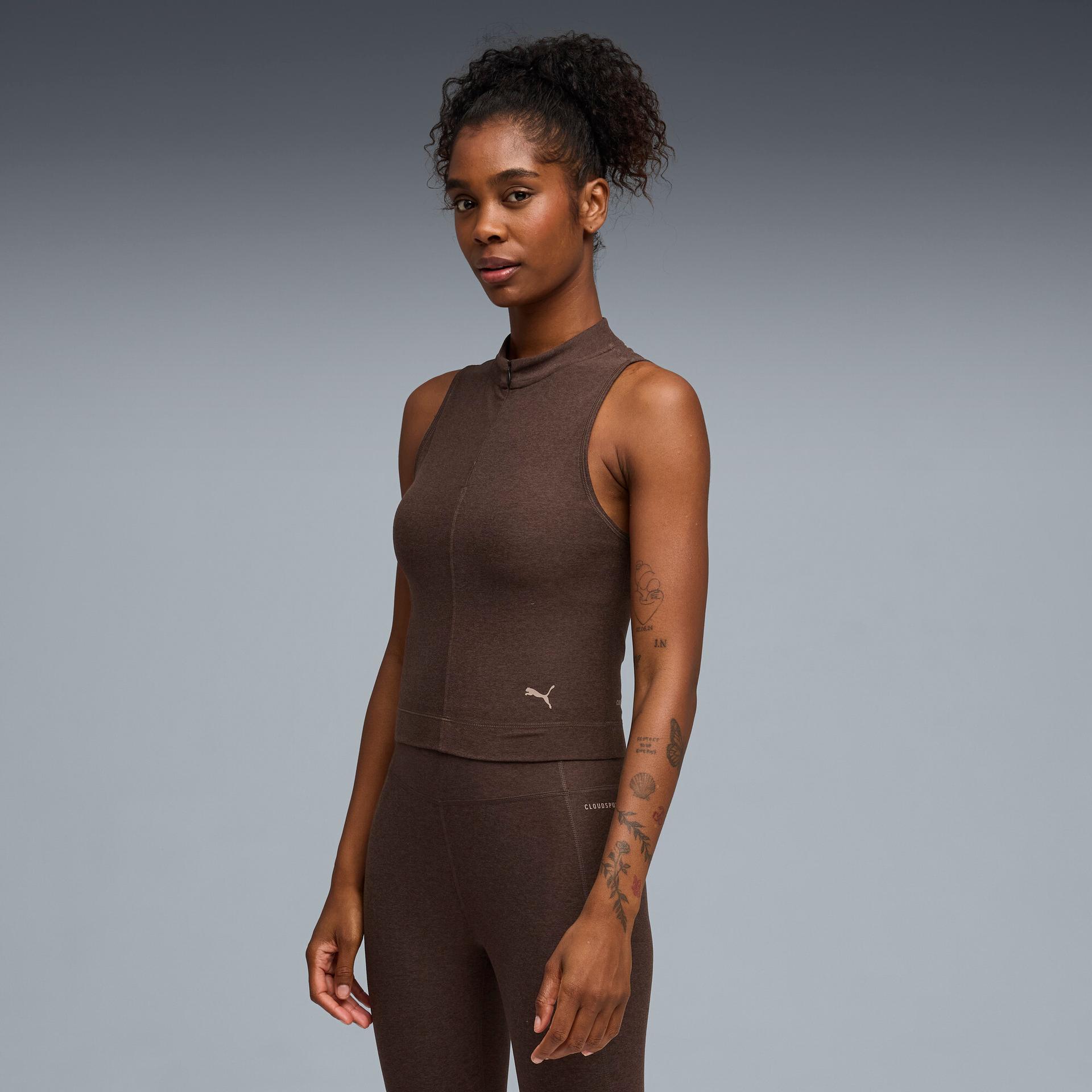puma cloudspun ultra soft women's zip training tank top in brown, size xxs