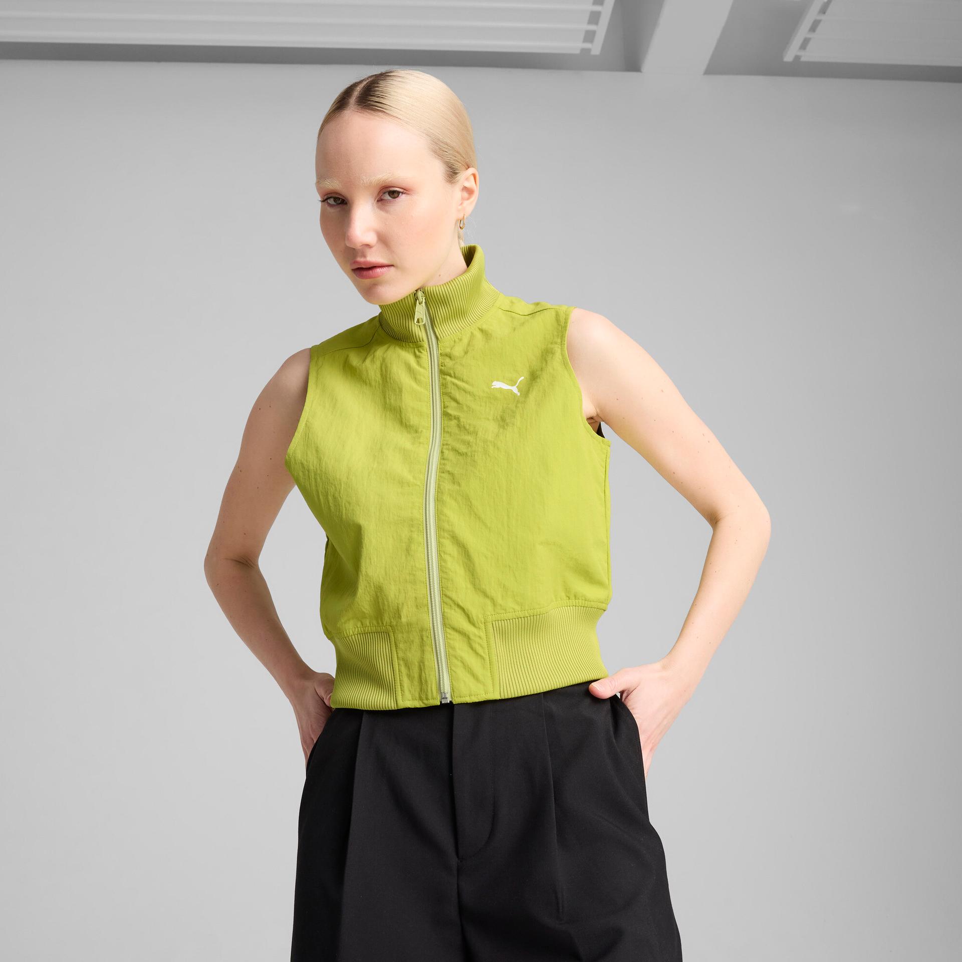 puma dare to women's full-zip woven vest in green, size xxl