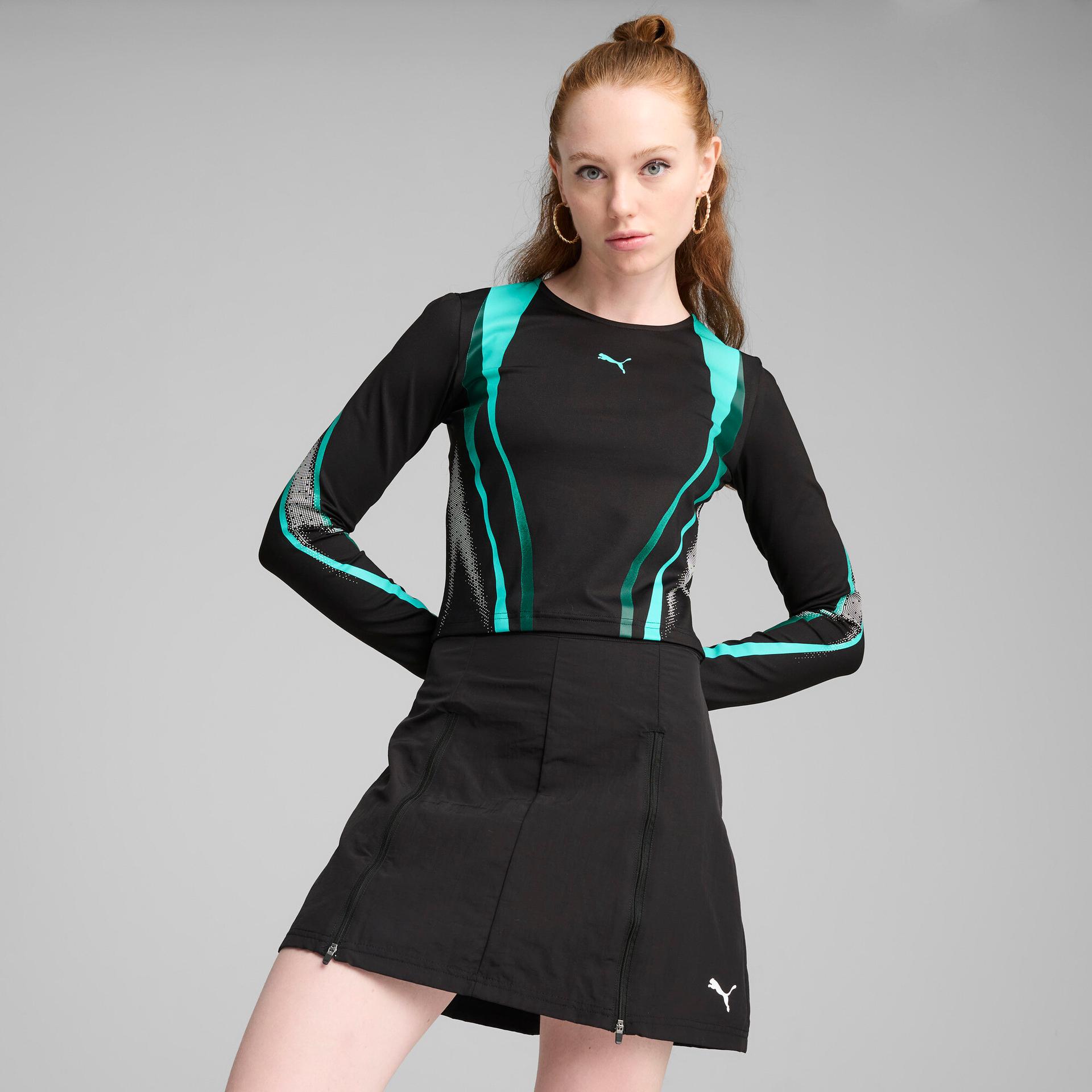 puma dare to women's graphic long sleeve t-shirt in black, size 3xl