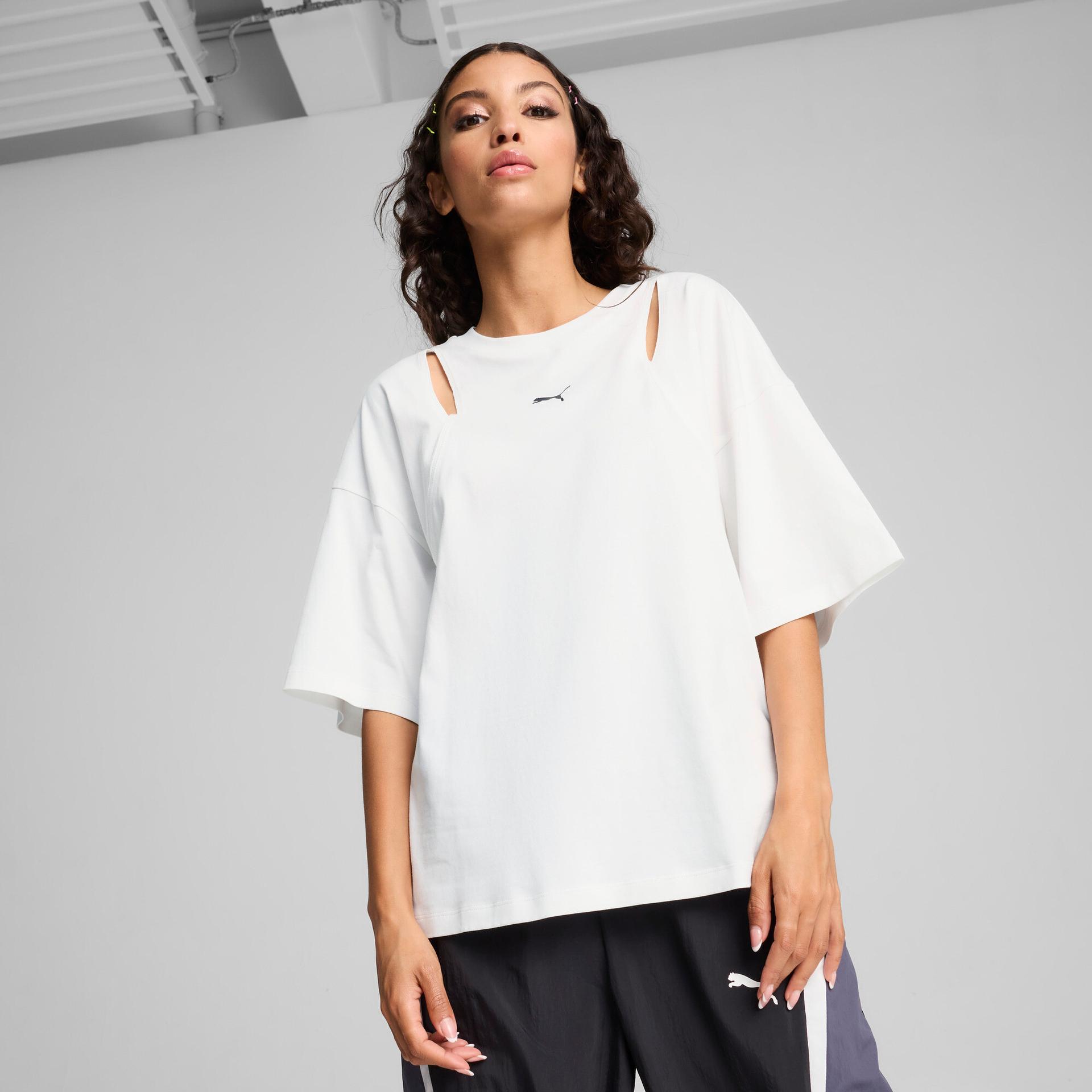 puma dare to women's oversized cut-out t-shirt in white, size xl