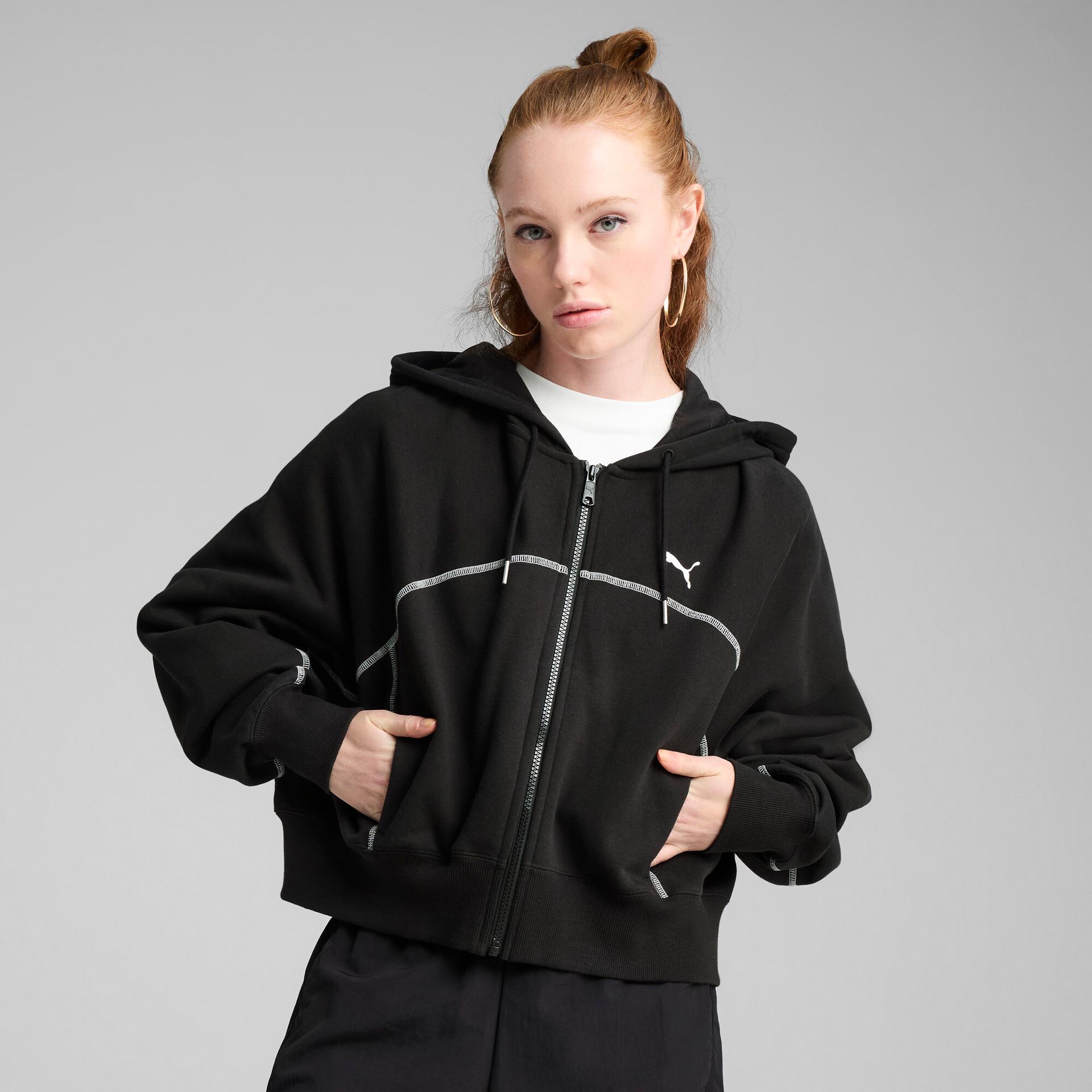 puma dare to women's oversized full-zip hoodie in black, size l
