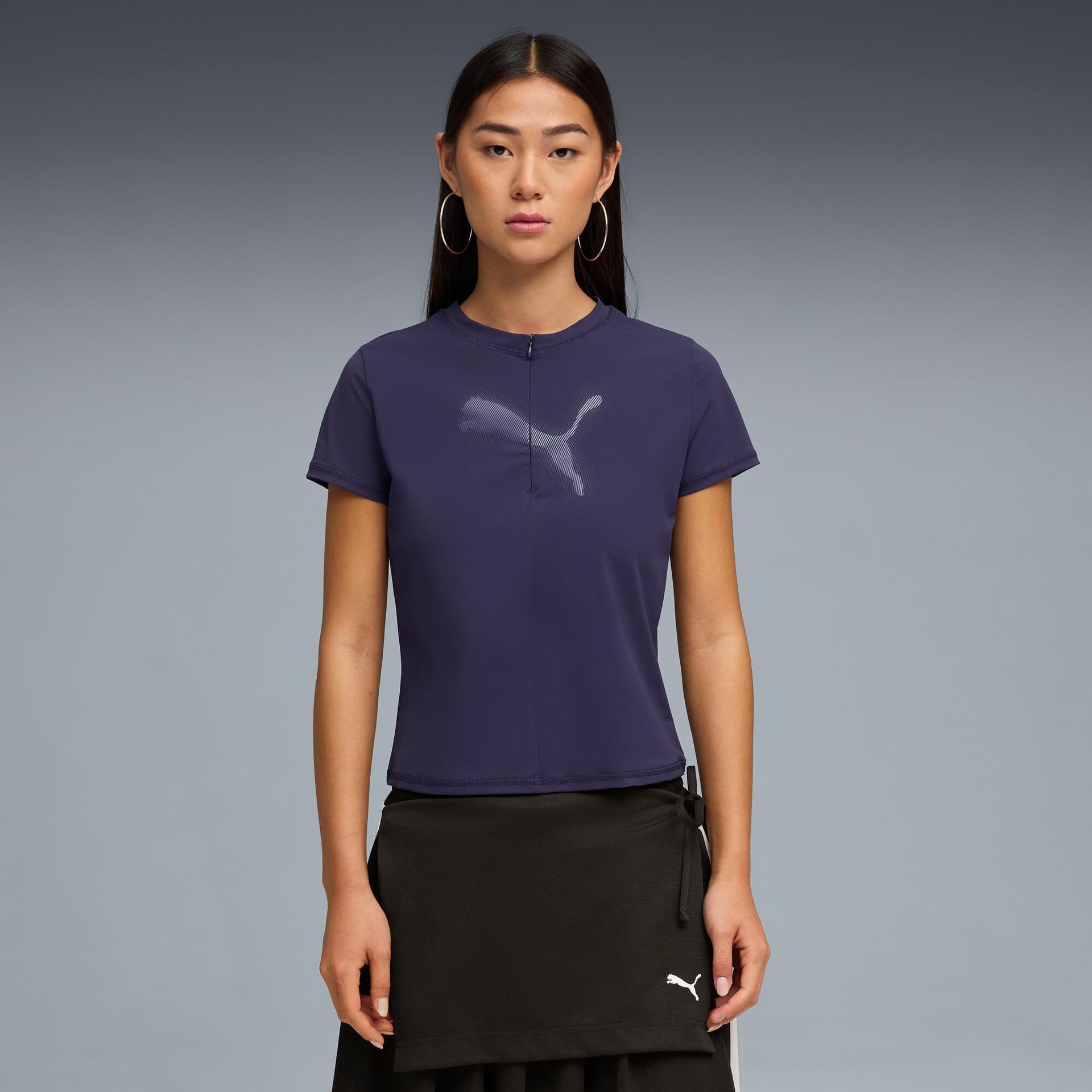 puma dare to women's slim graphic t-shirt in purple, size s