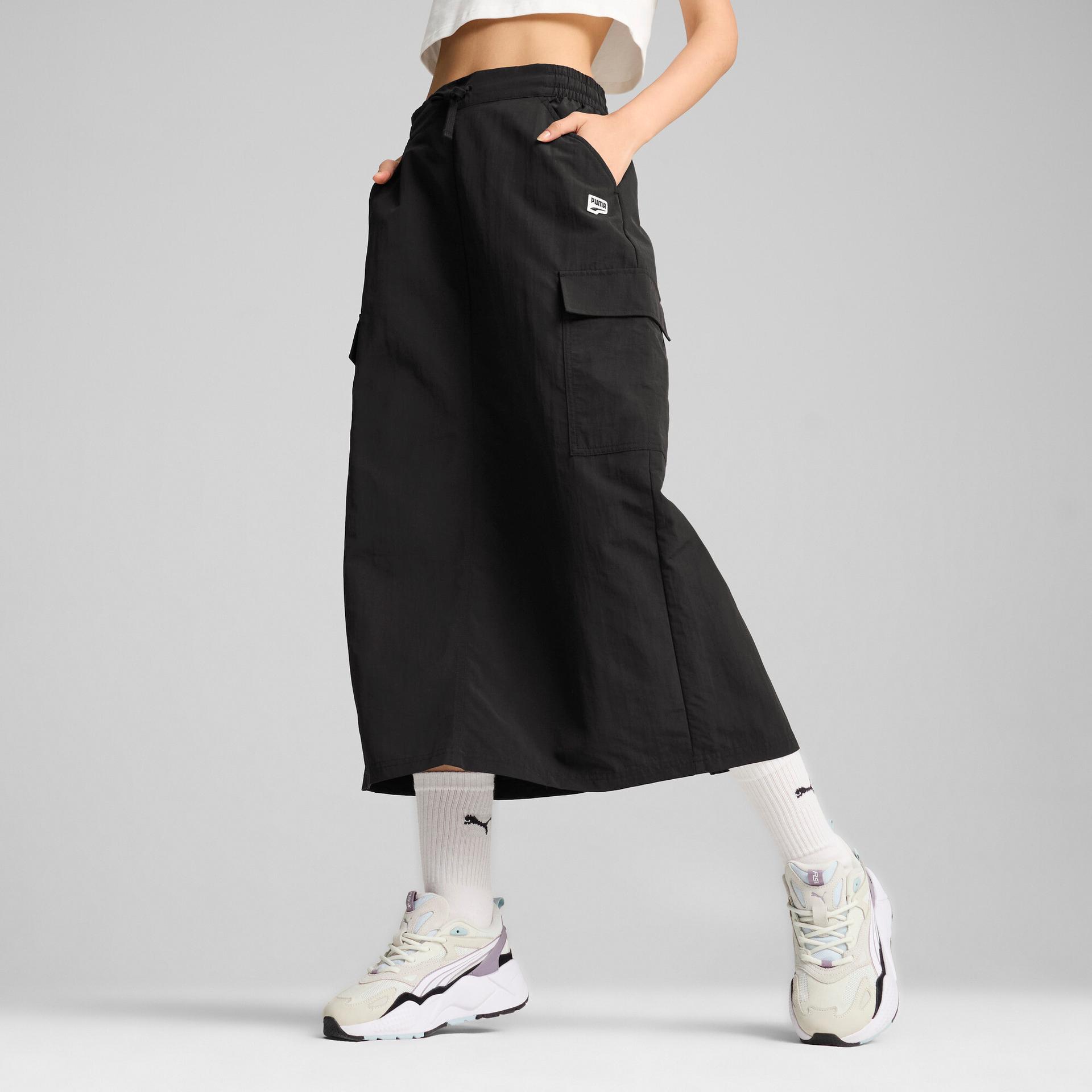 puma downtown women's cargo midi skirt in black, size l