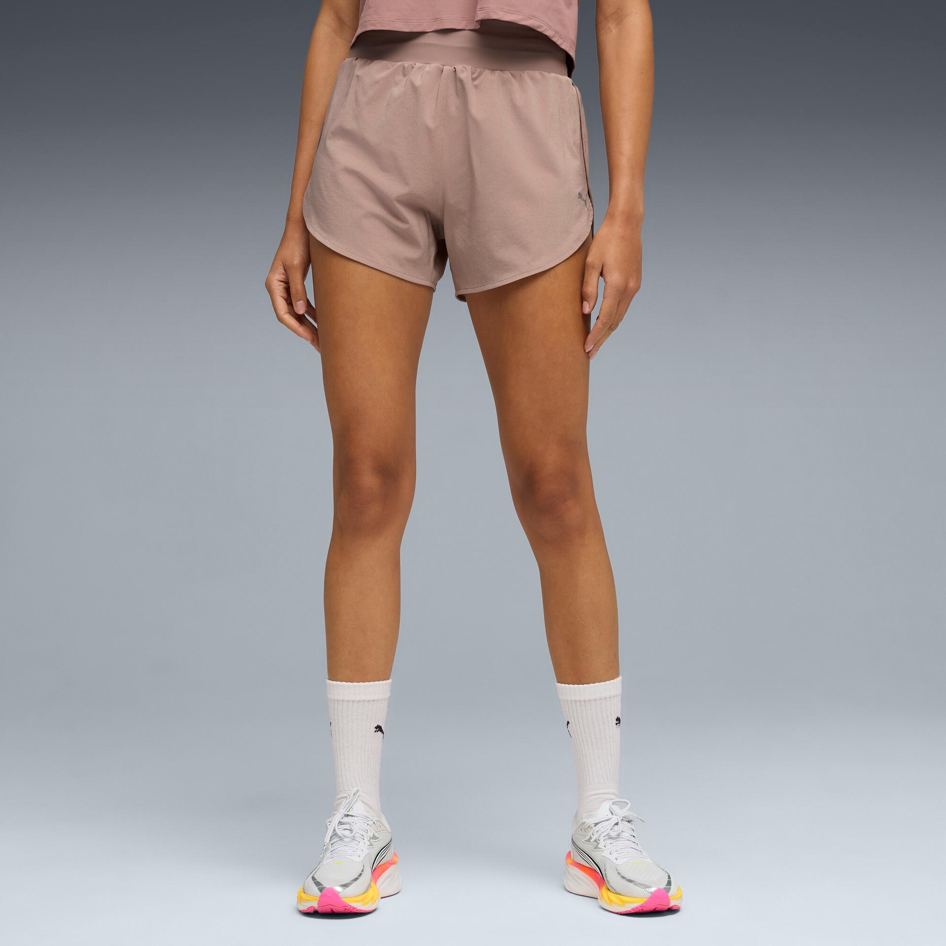 puma dreamrun drycell women's moisture wicking 3" running shorts in beige, size xs