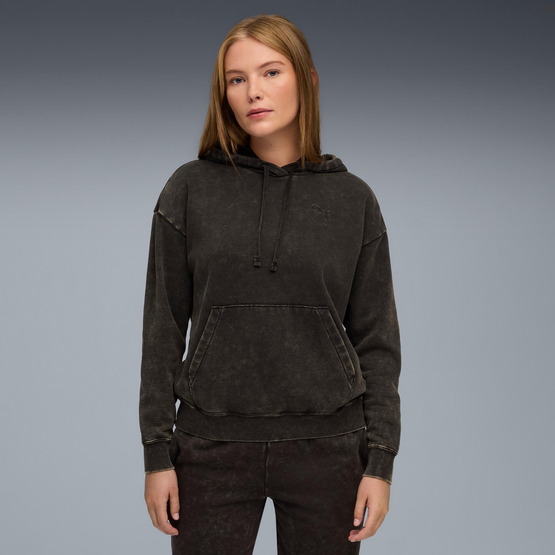 puma elevated essentials acid wash women's fleece hoodie in black, size s