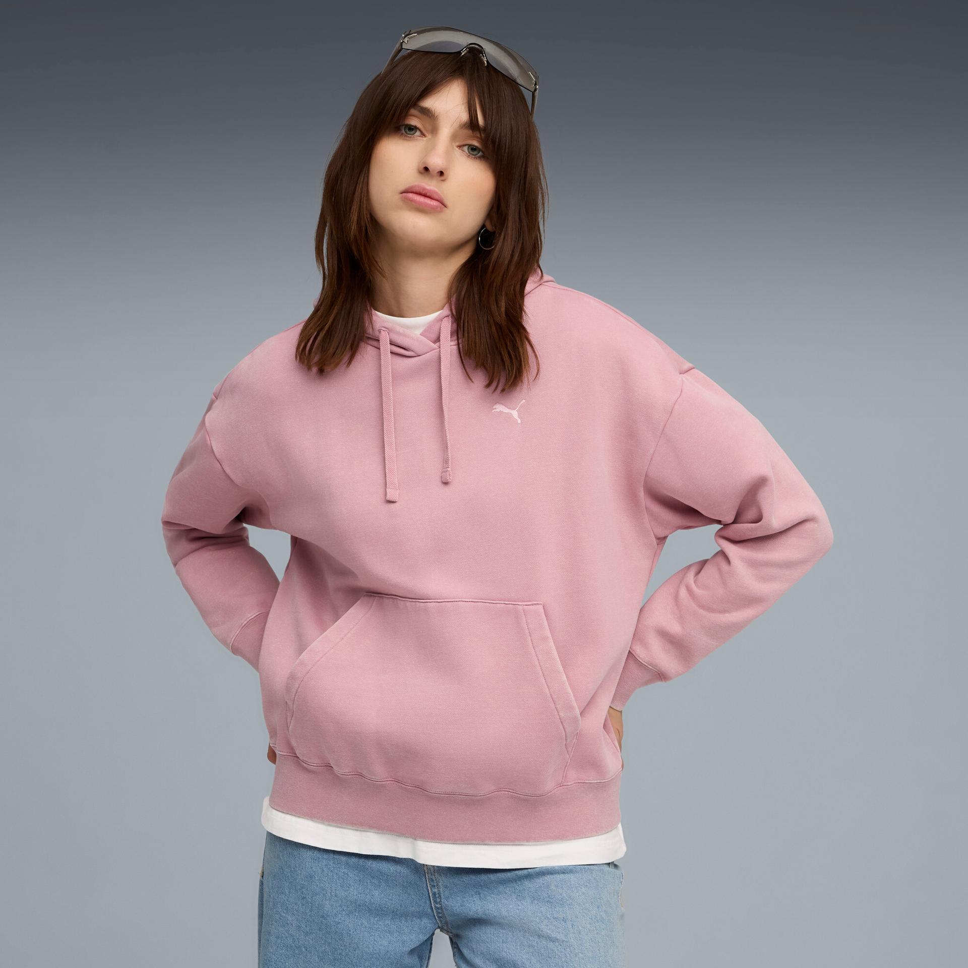 puma elevated essentials acid wash women's fleece hoodie in pink, size xxl