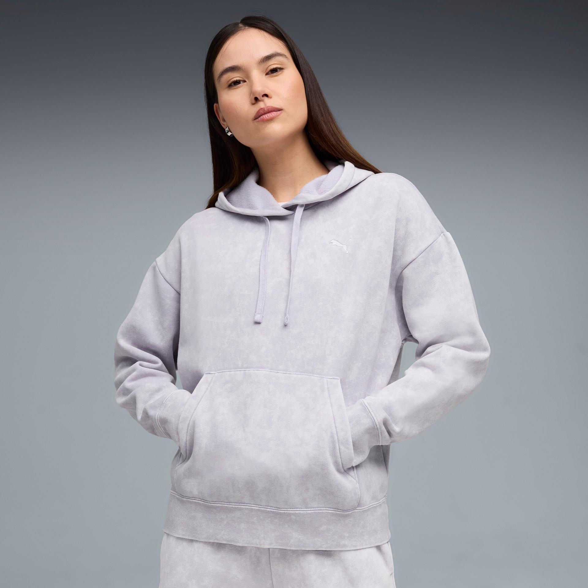puma elevated essentials acid wash women's fleece hoodie in purple, size 3xl