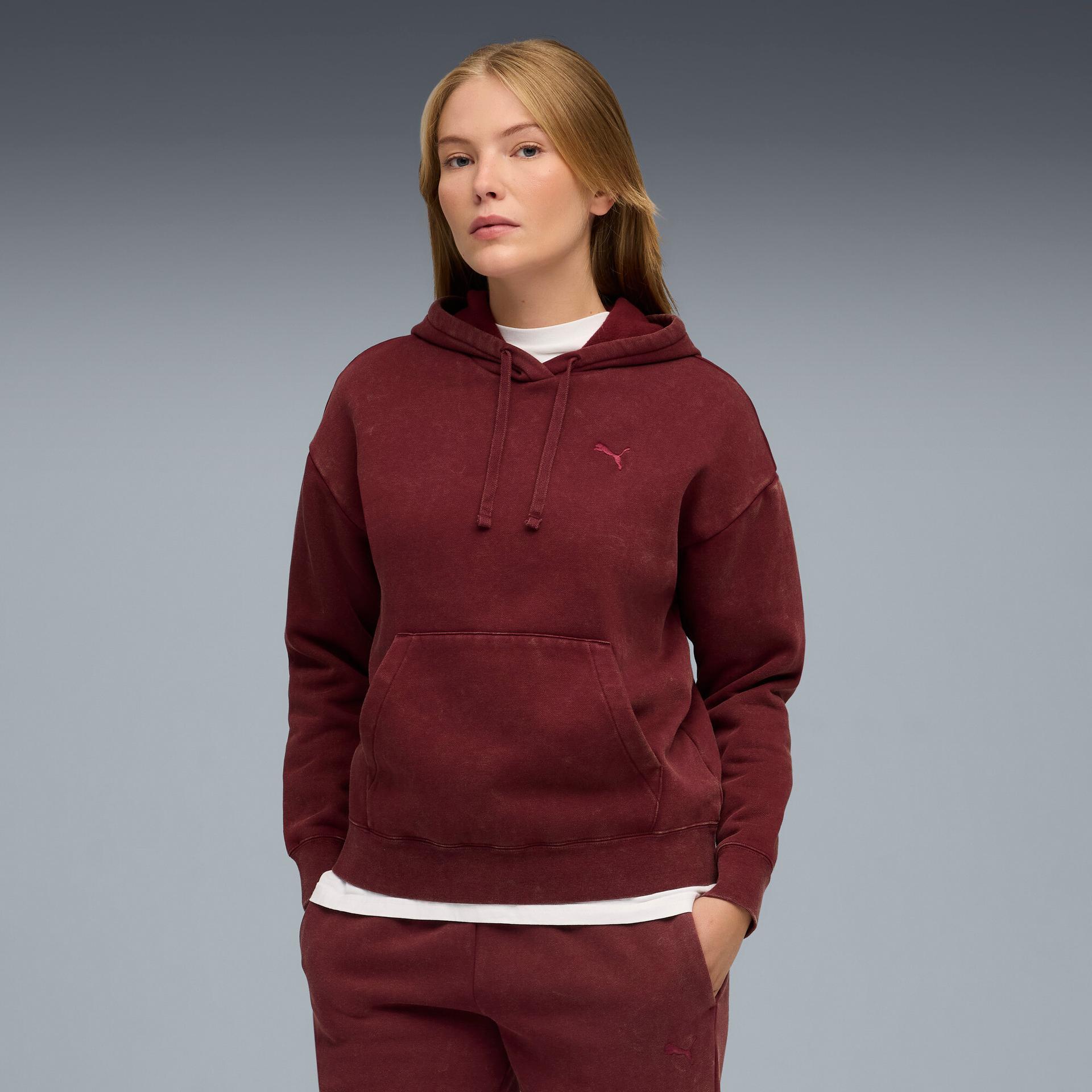 puma elevated essentials acid wash women's fleece hoodie in red, size xxs