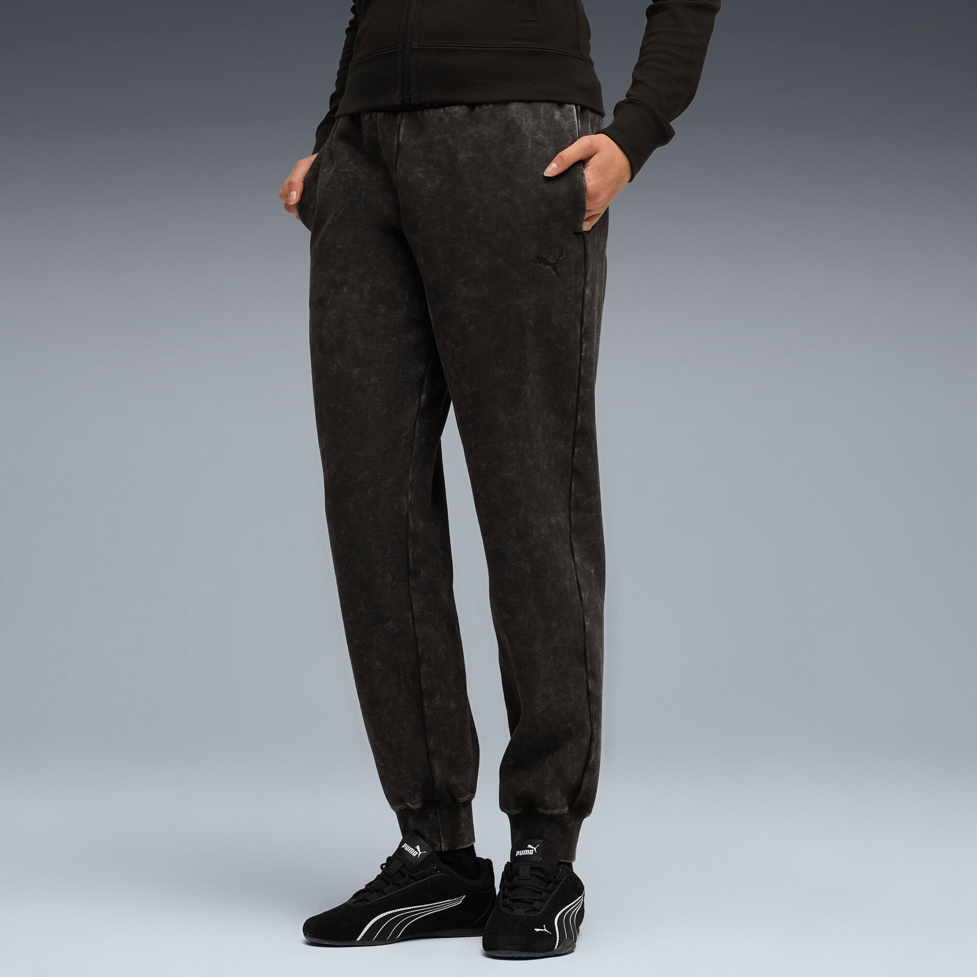 puma elevated essentials acid wash women's fleece sweatpants in black, size xxl