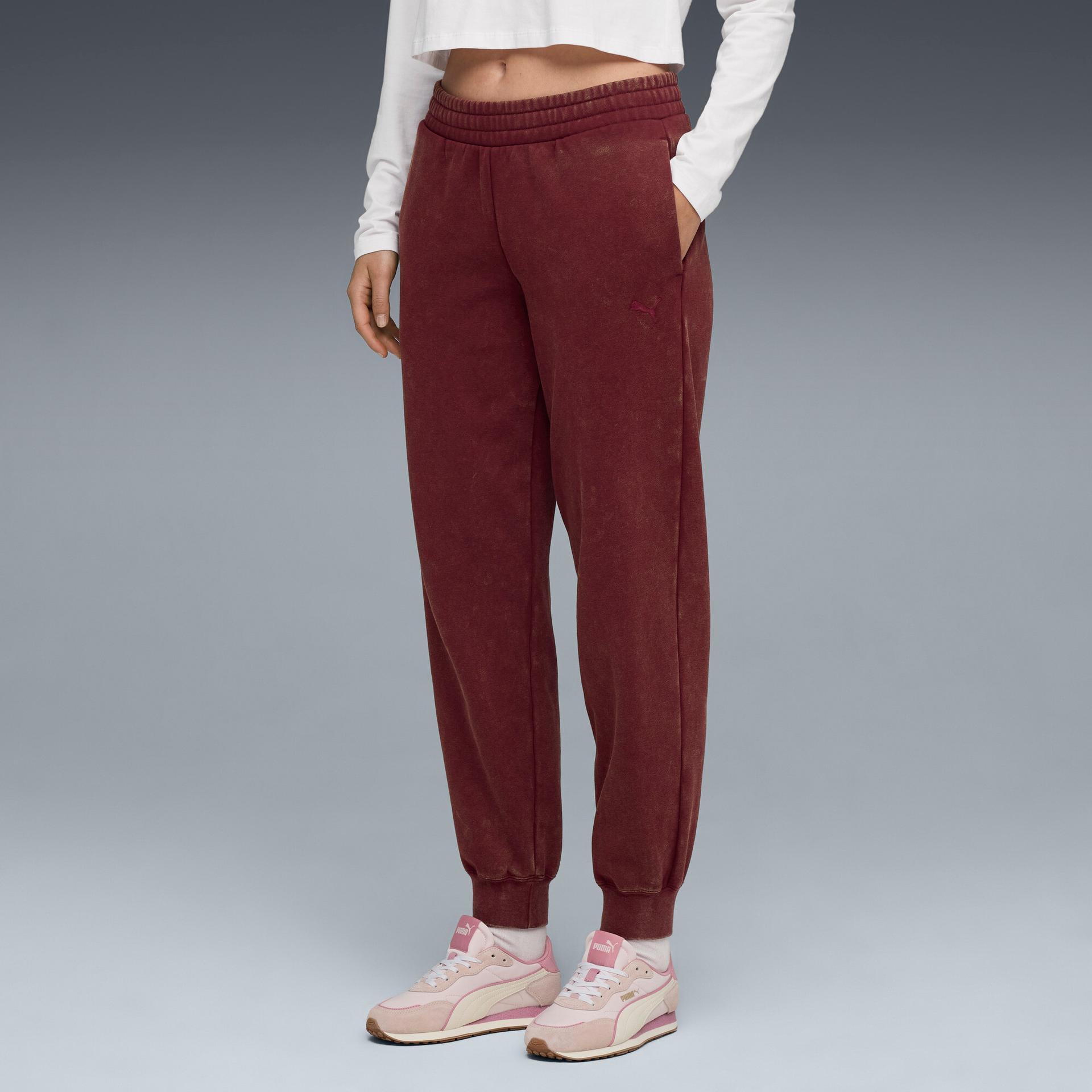 puma elevated essentials acid wash women's fleece sweatpants in red, size xl