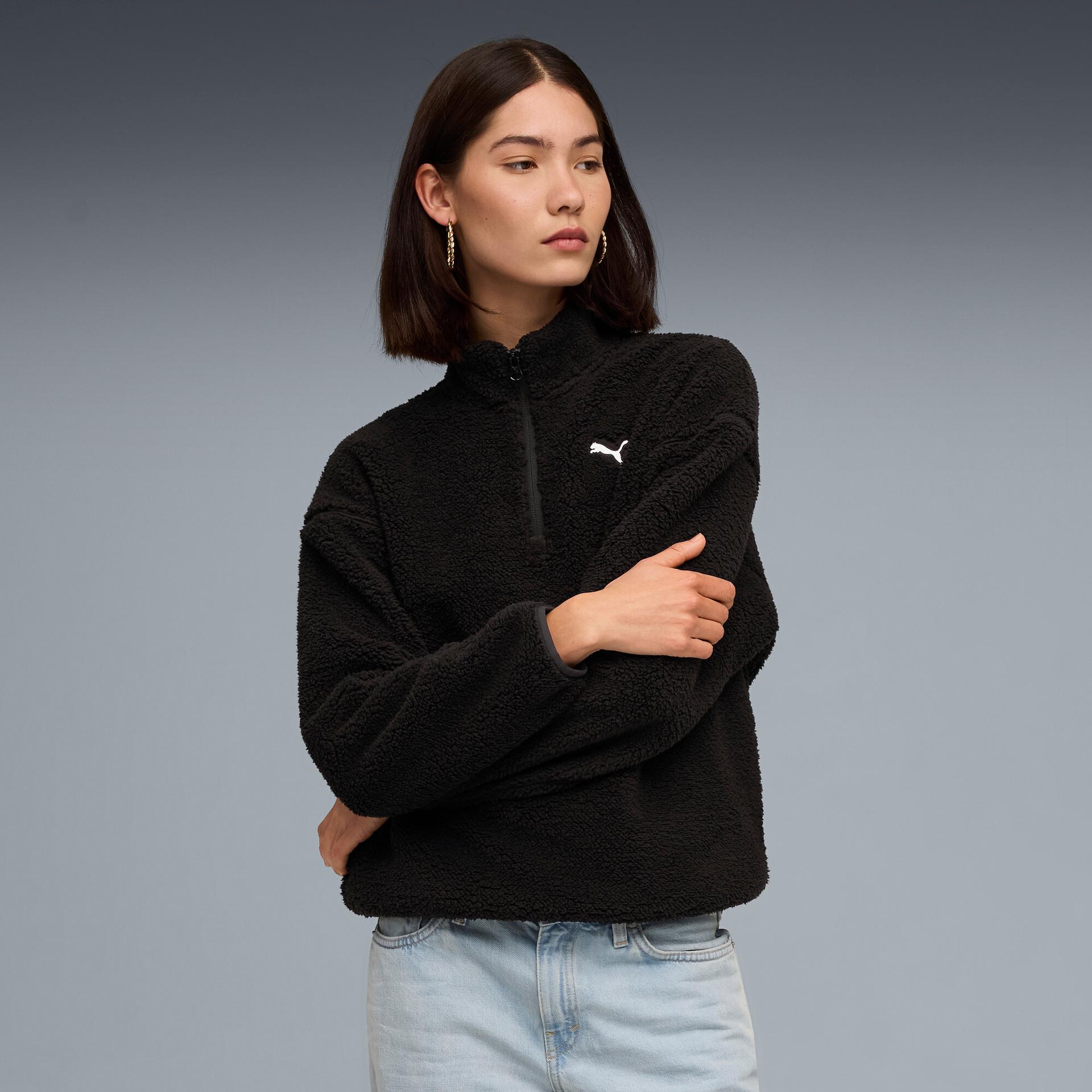 puma elevated essentials sherpa women's quarter-zip pullover in black, size m