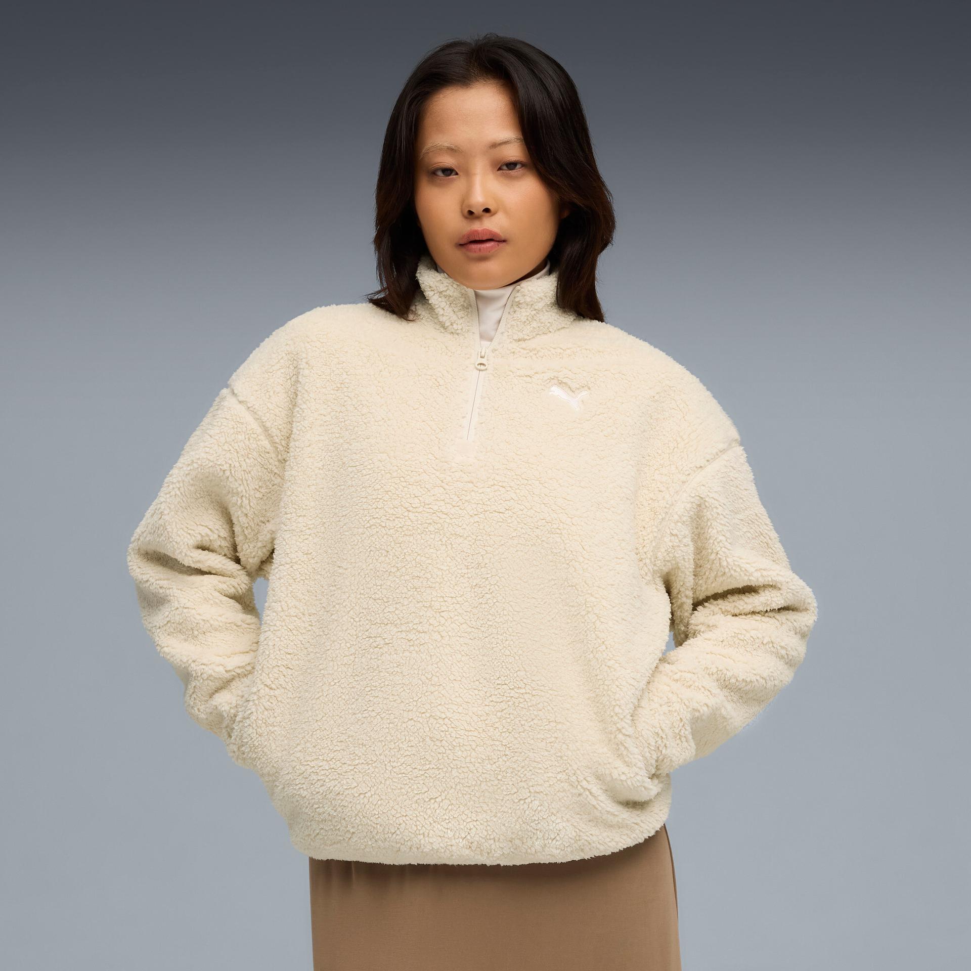 puma elevated essentials sherpa women's quarter-zip pullover in white, size xl