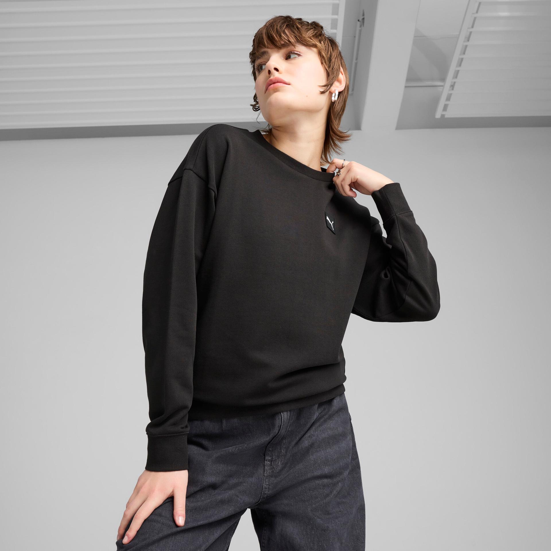 puma elevated essentials women's comfort crew sweatshirt in black, size 3xl