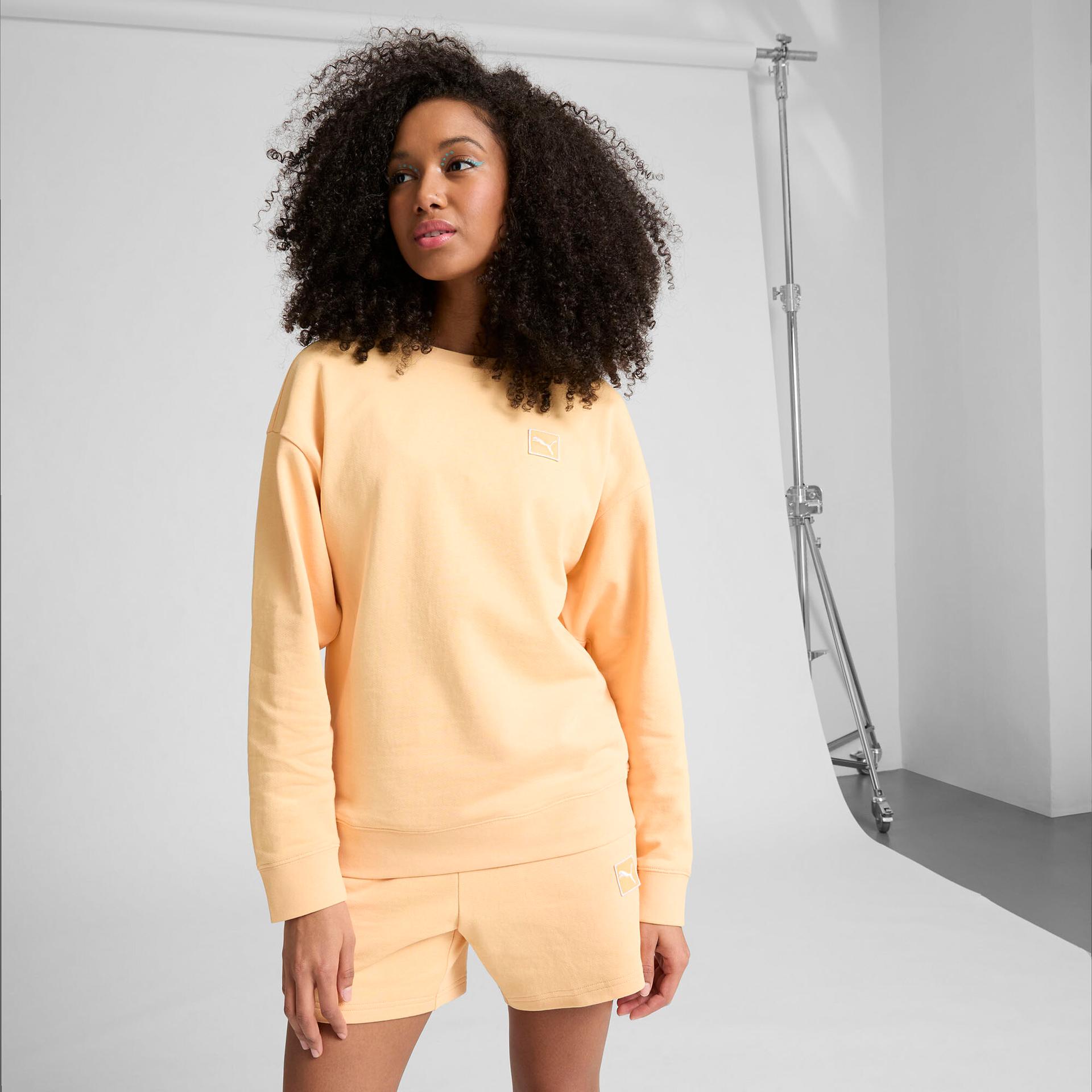 puma elevated essentials women's comfort crew sweatshirt in orange, size 3xl