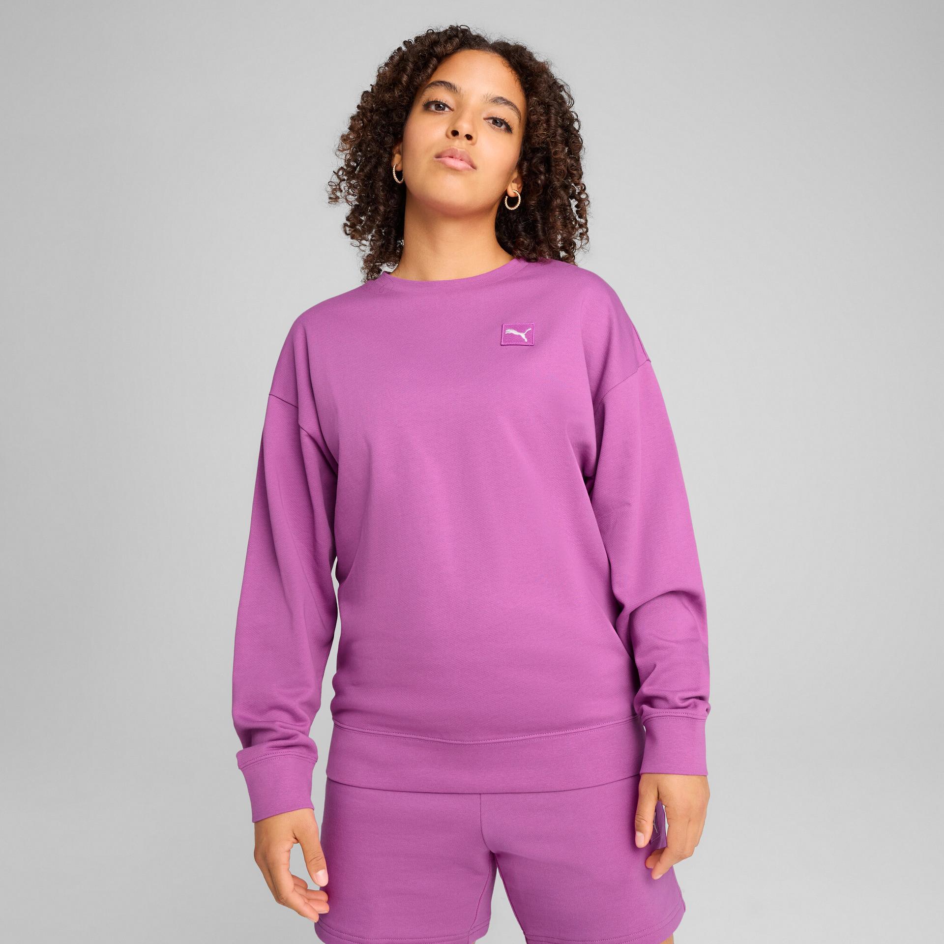 puma elevated essentials women's comfort crew sweatshirt in purple, size l