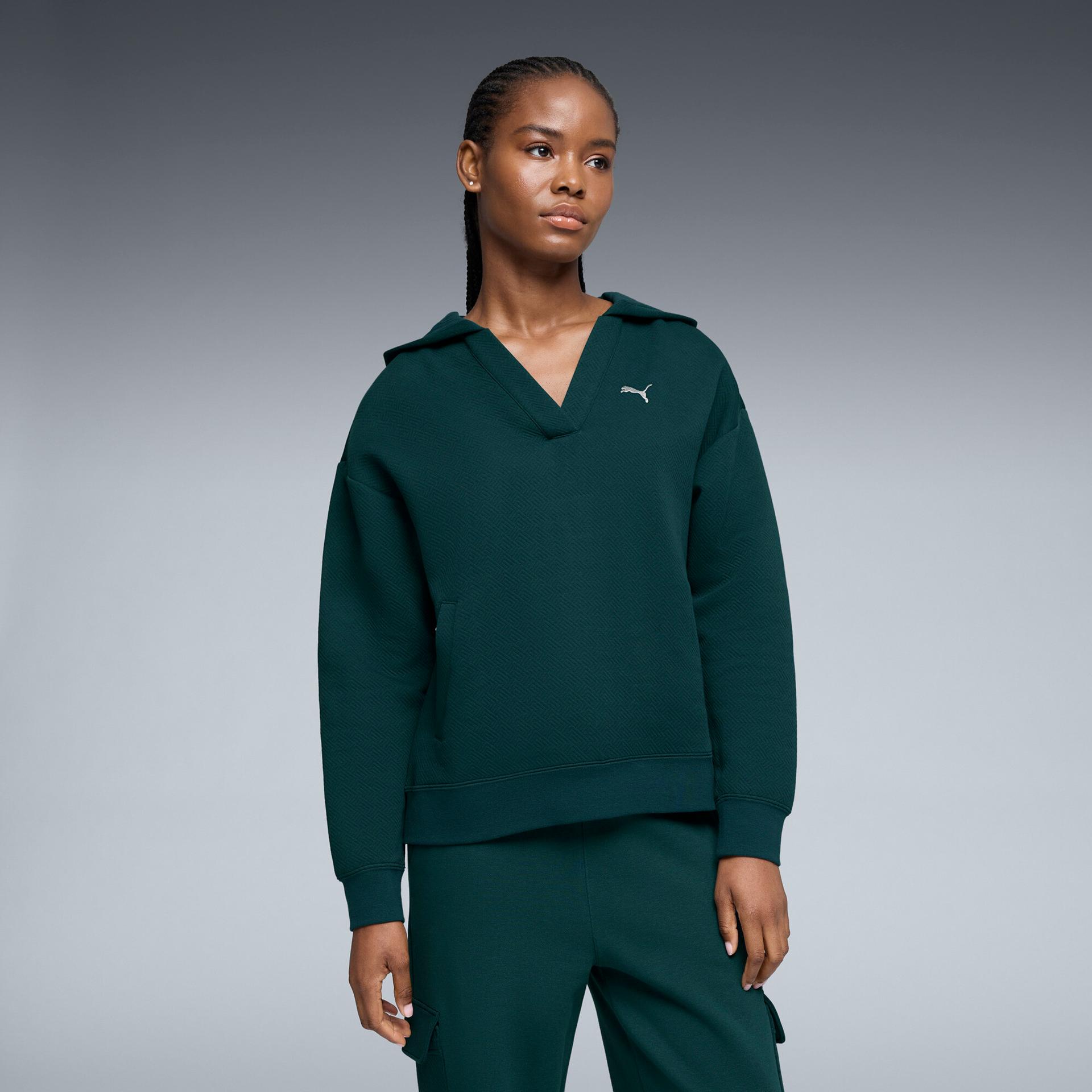 puma elevated essentials women's jacquard hoodie in green, size s
